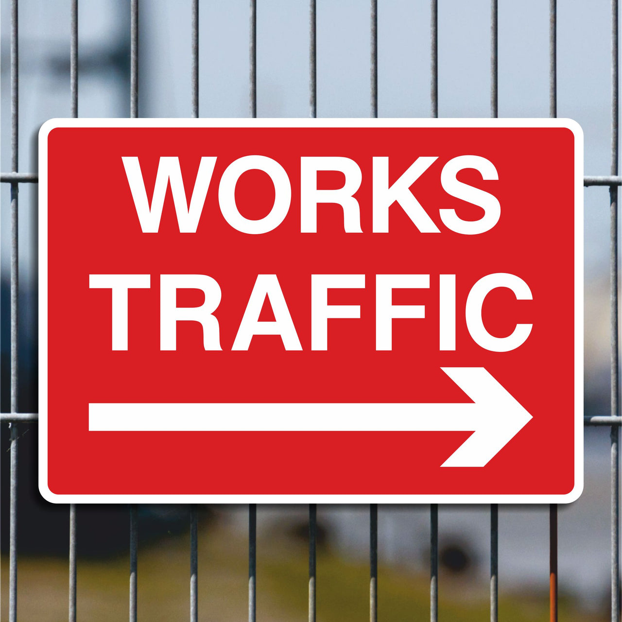Works Traffic Sign with a Right Hand Directional Arrow