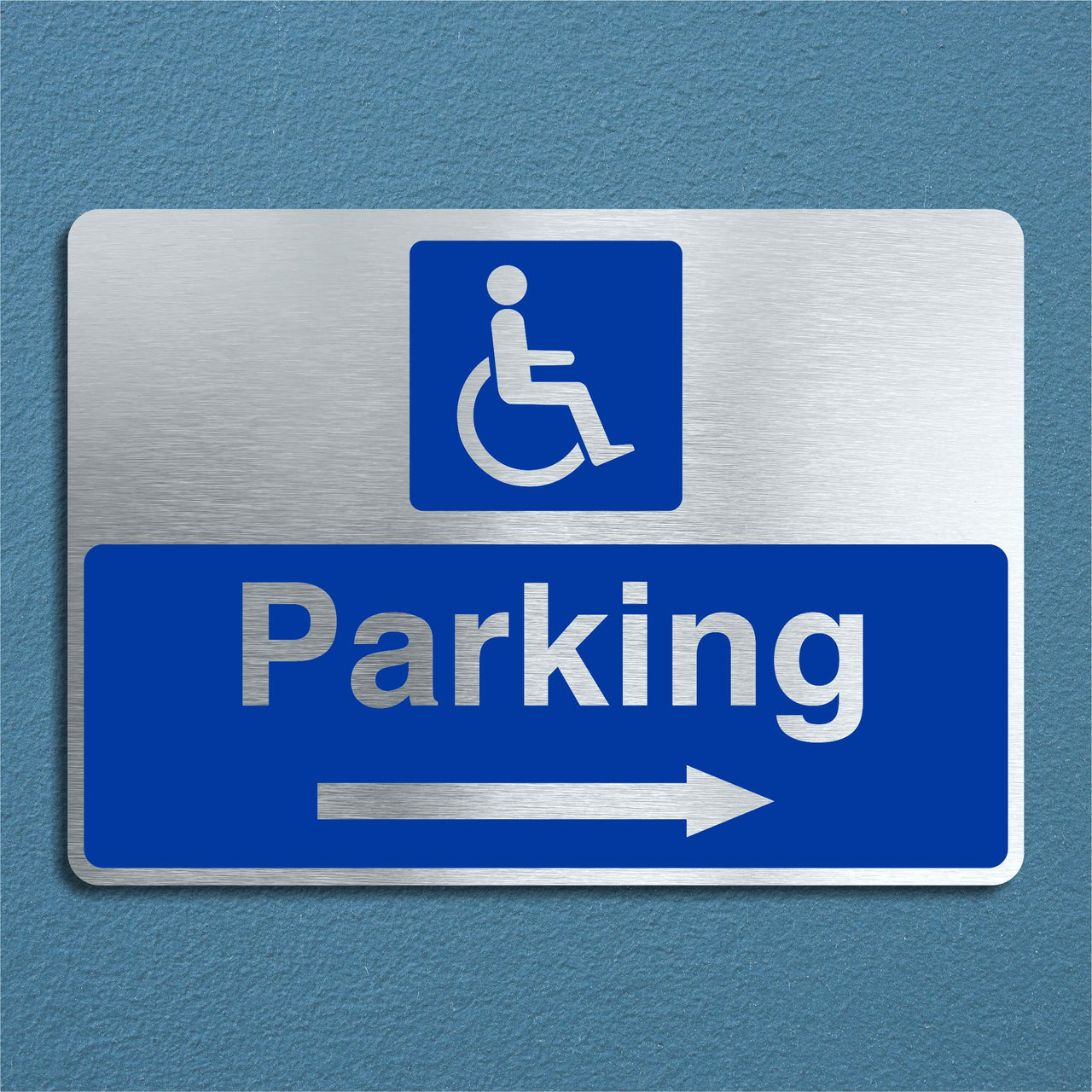 Brushed Aluminum Disabled Parking Sign with a Right Pointing Directional Arrow