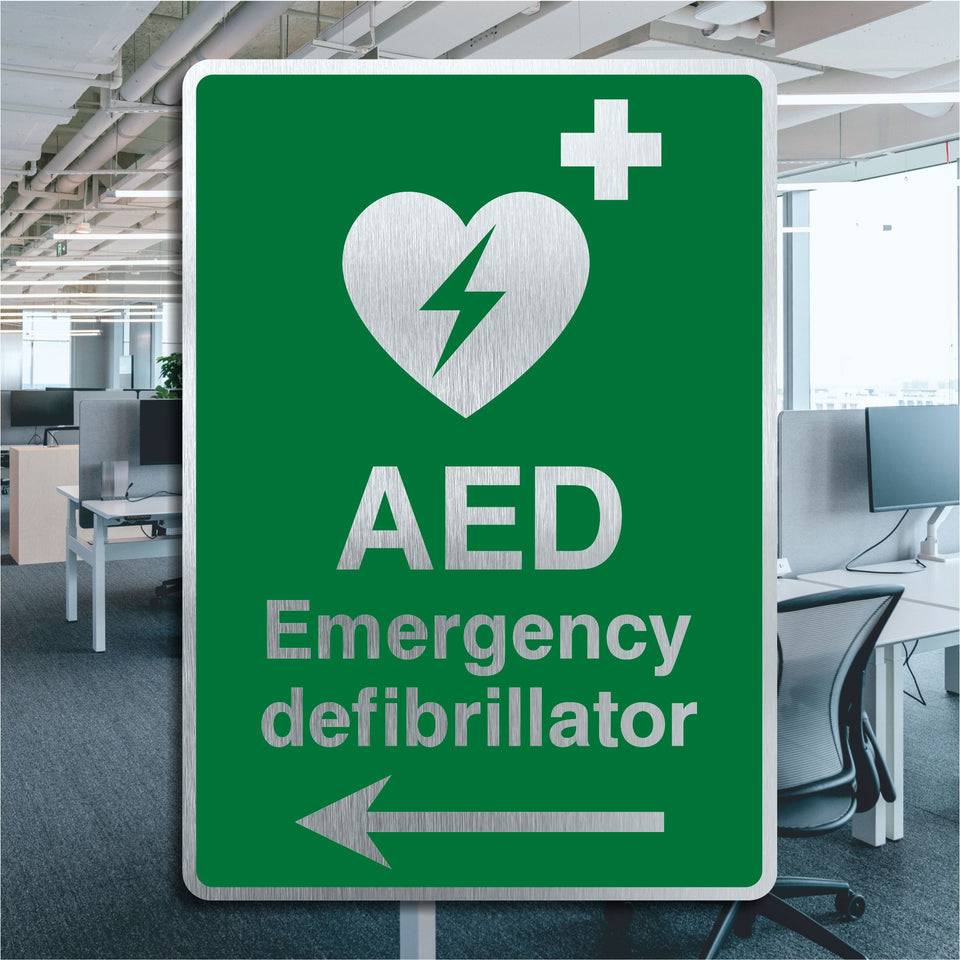 Sign For Defibrillator Brushed Aluminium AED Emergency Defibrillator Left Pointing Directiona