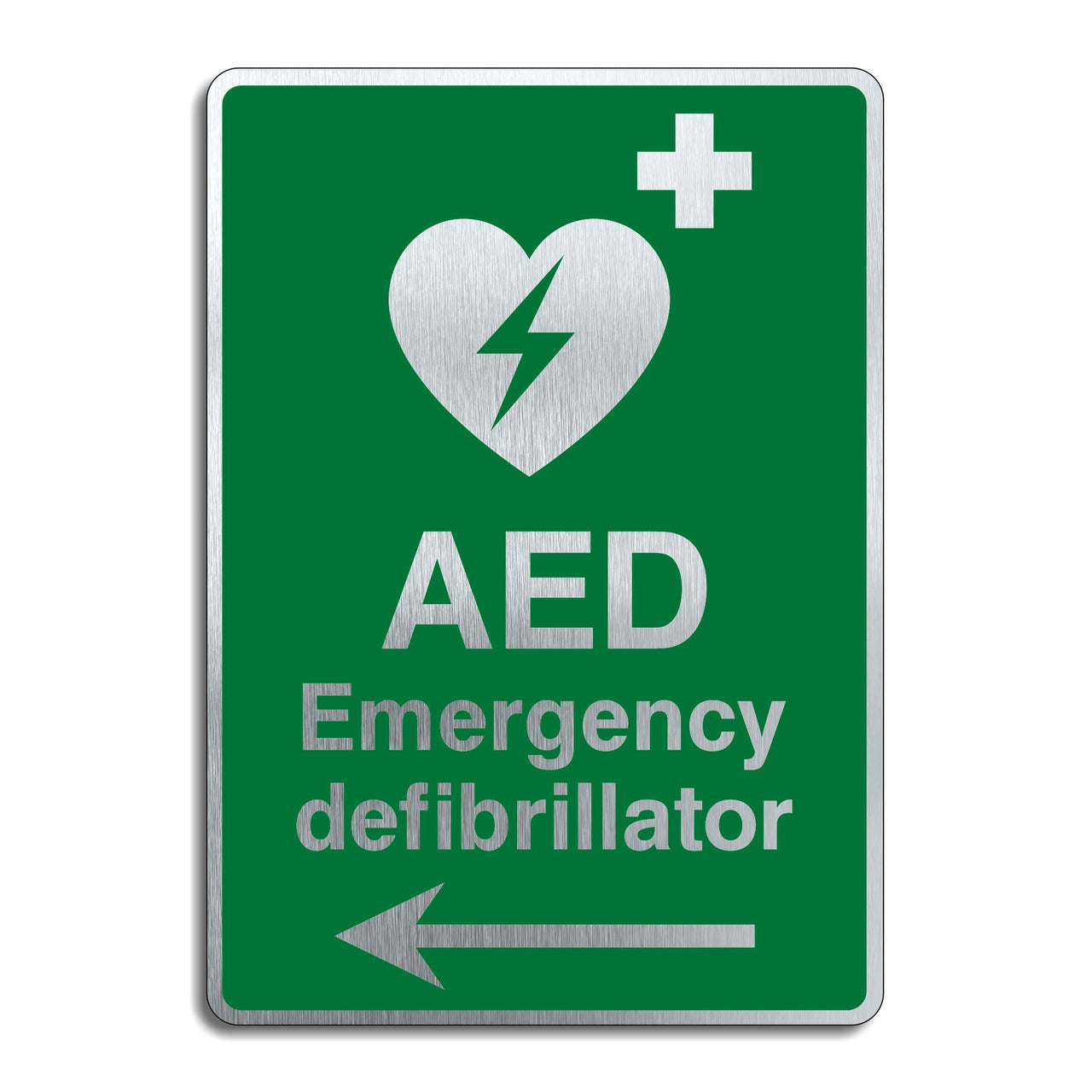 Brushed Aluminium AED Emergency Defibrillator Left Pointing Directional Arrow Sign