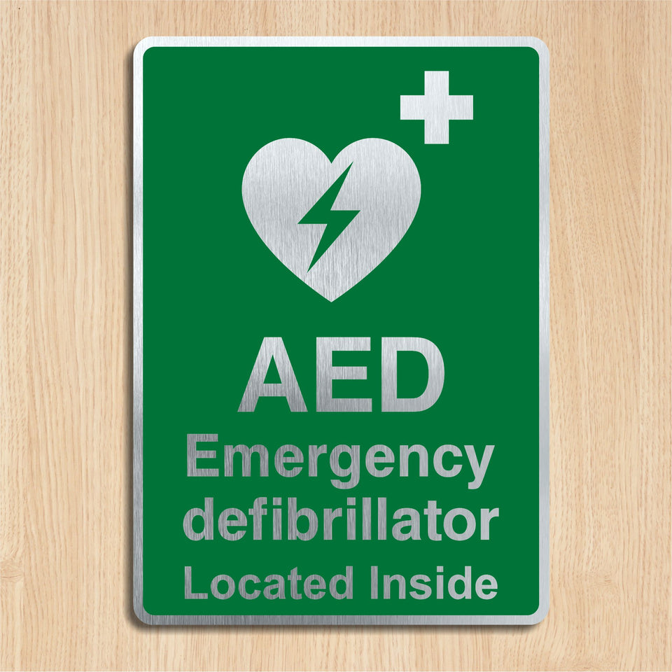 Brushed Aluminium AED Emergency Defibrillator Located Inside Sign