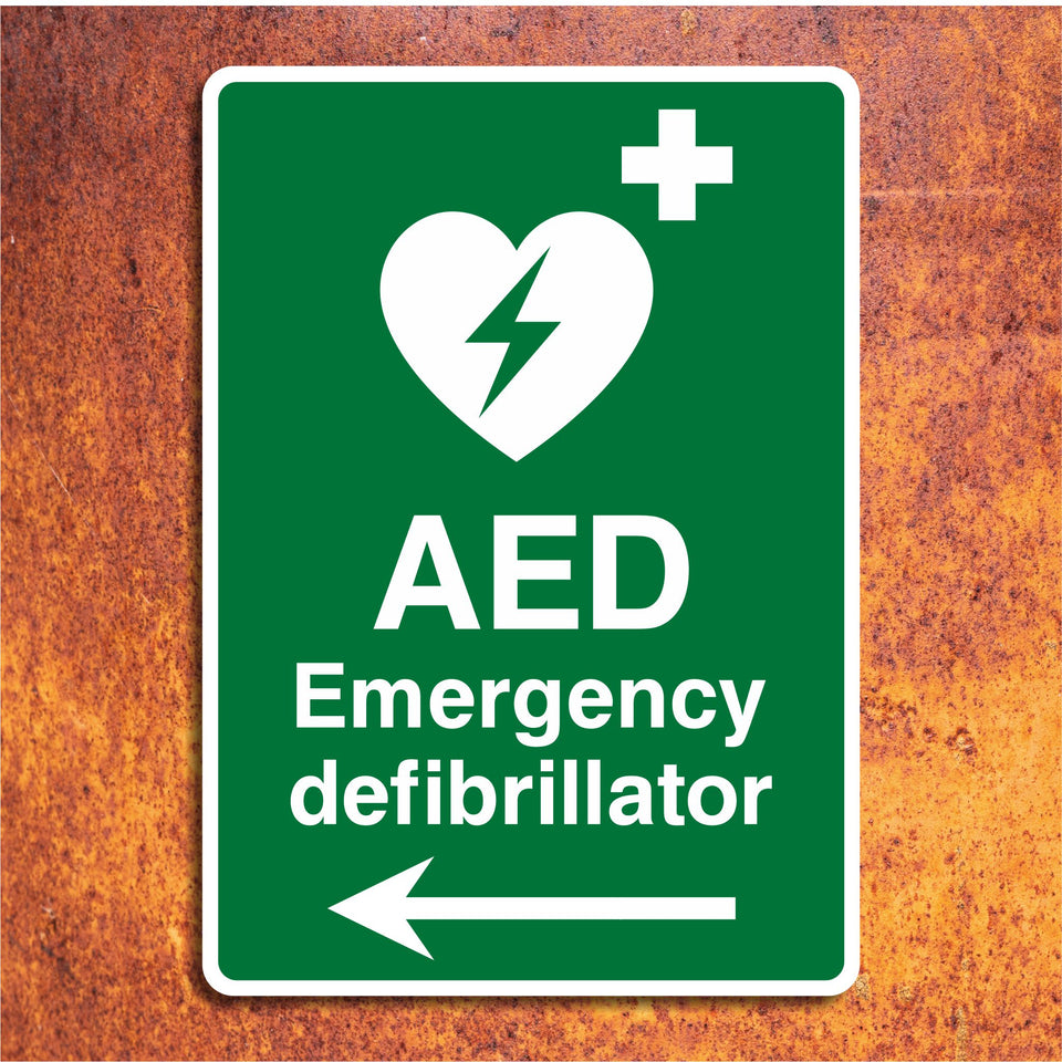 AED Emergency Defibrillator Left Pointing Directional Arrow Sign