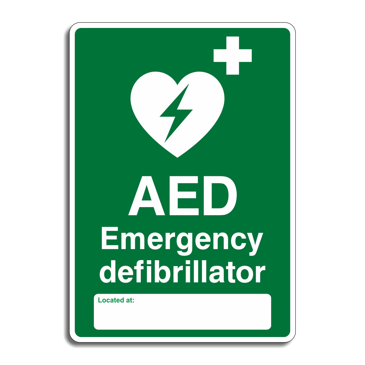 AED Emergency Defibrillator Located At: Sign