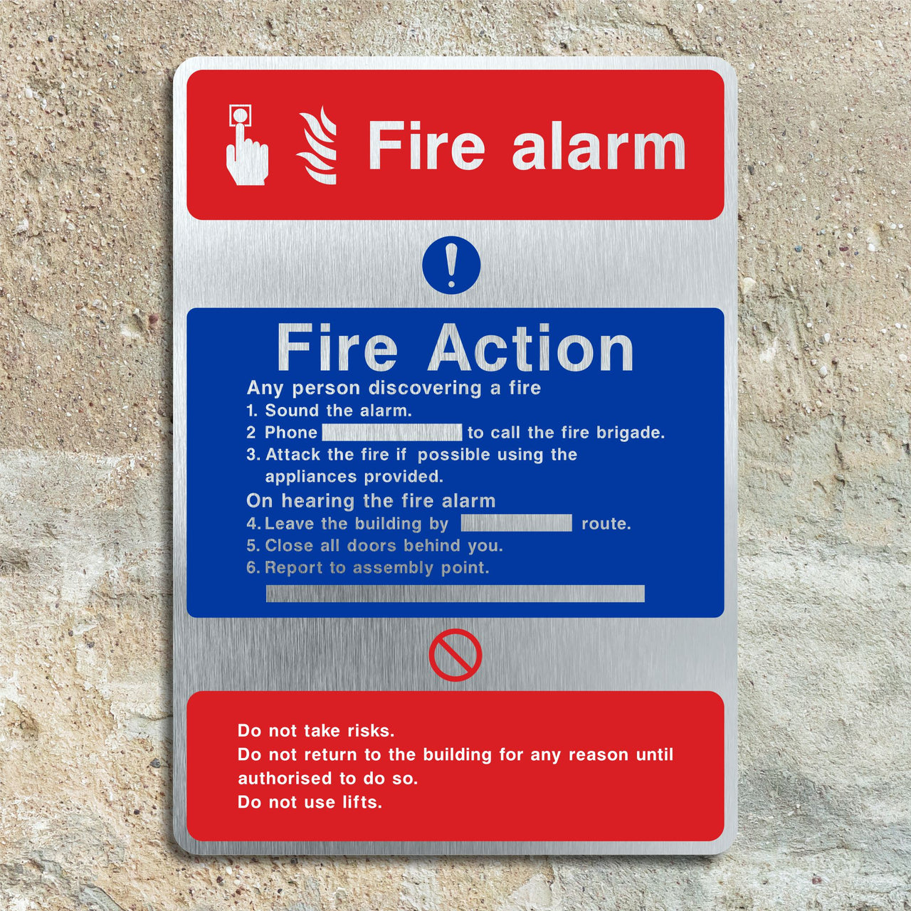 Brushed Aluminium Fire Alarm Fire Action Sign