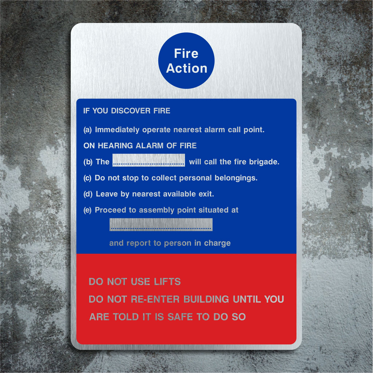 Brushed Aluminium Fire Action Sign