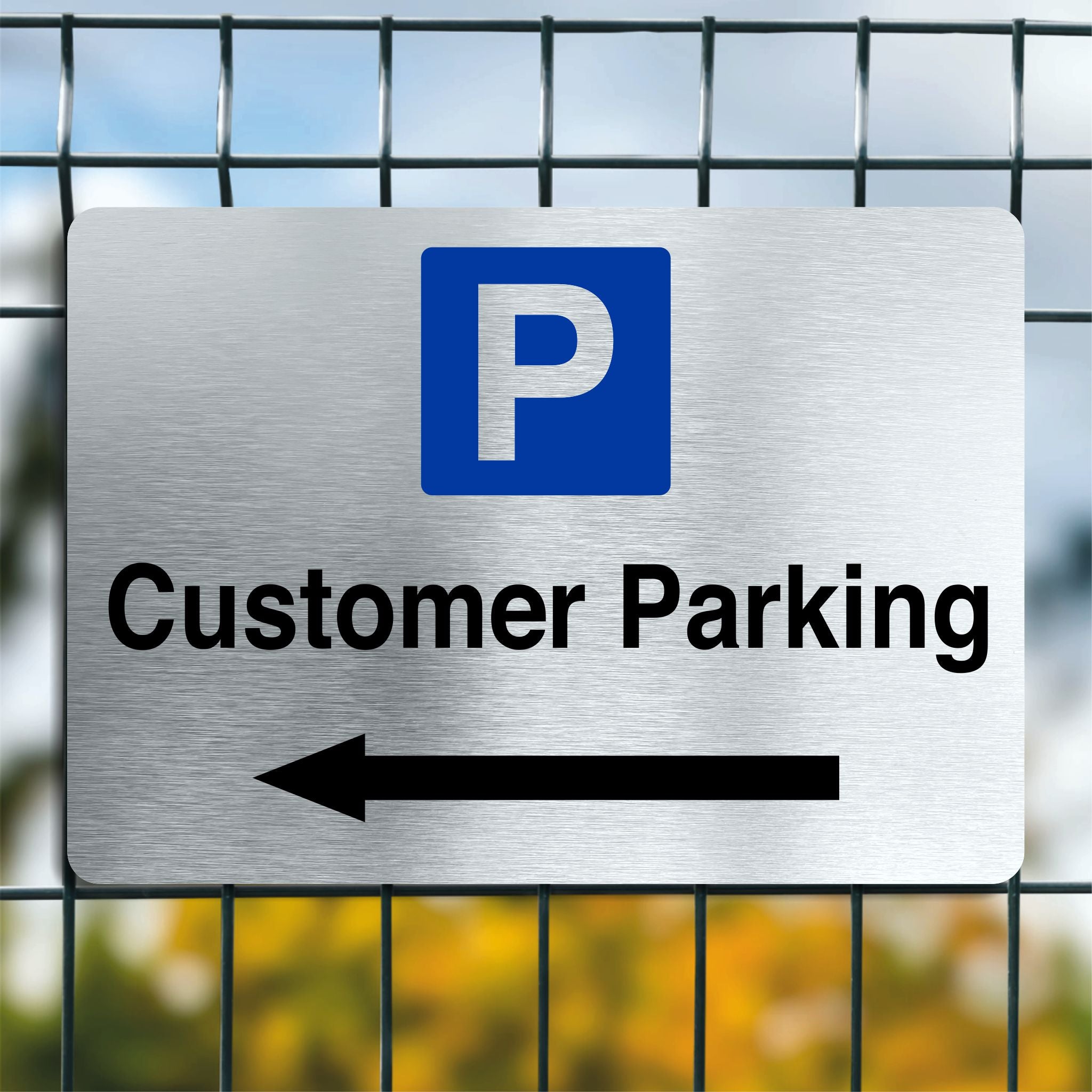 Brushed Aluminum Customer Parking Sign with a Left Pointing Directiona