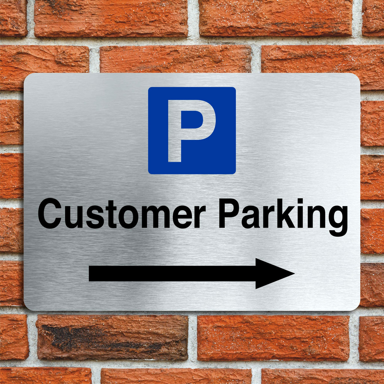 Customer Parking Sign in a Brushed Aluminium Finish with a Right Pointing Directional Arrow