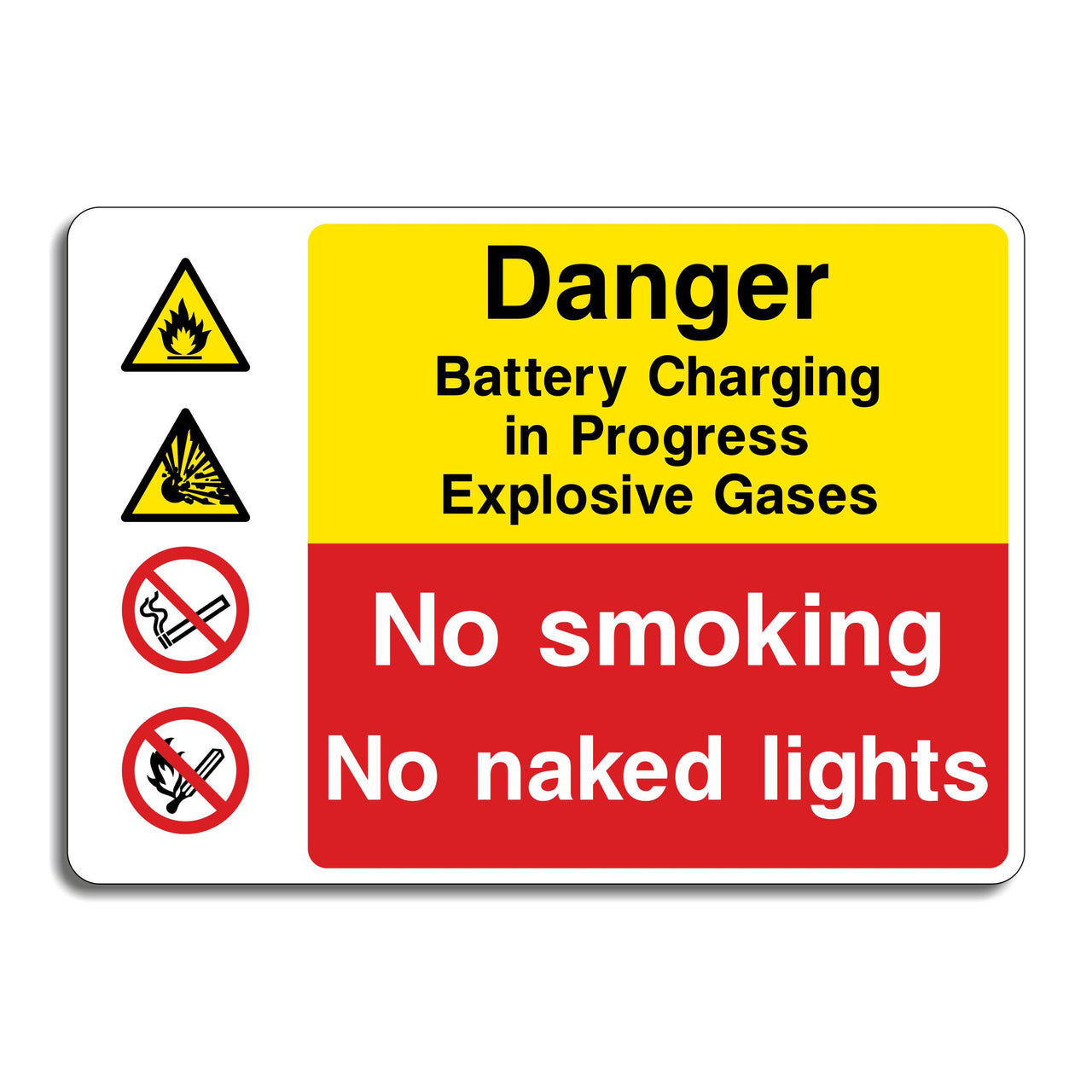 Danger Battery Charging in Progress Explosive Gases No Smoking Naked Lights Sign
