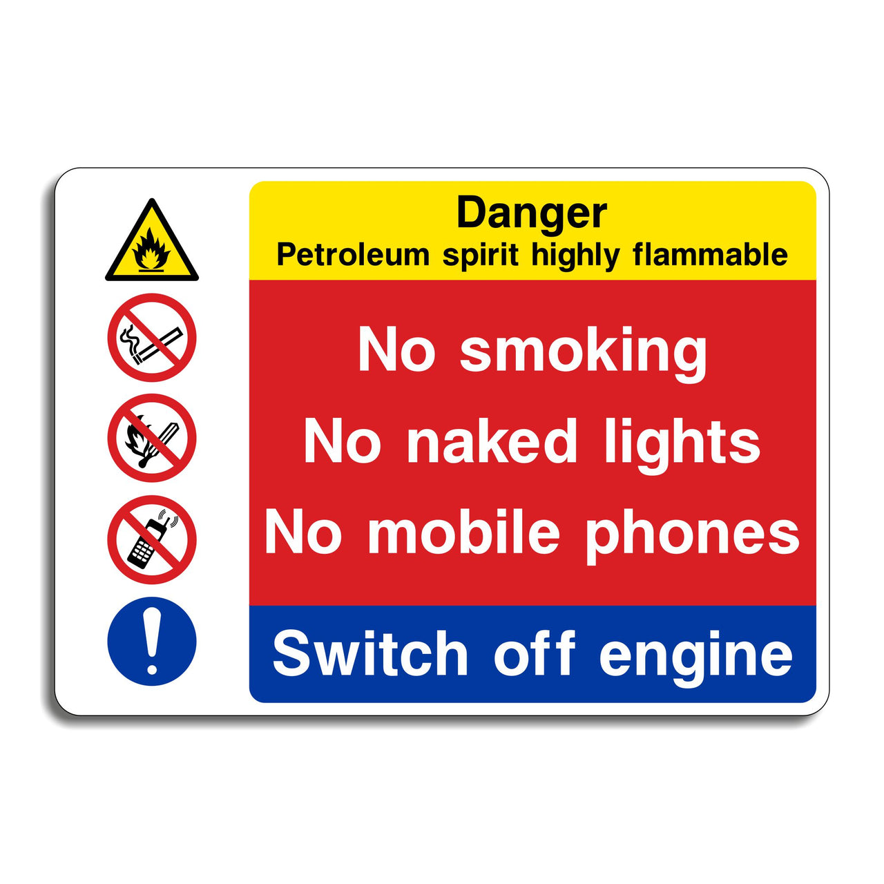 Danger Petroleum Spirit Highly Flammable No Smoking Naked Lights No Mobile Phones Switch Off Engine Sign
