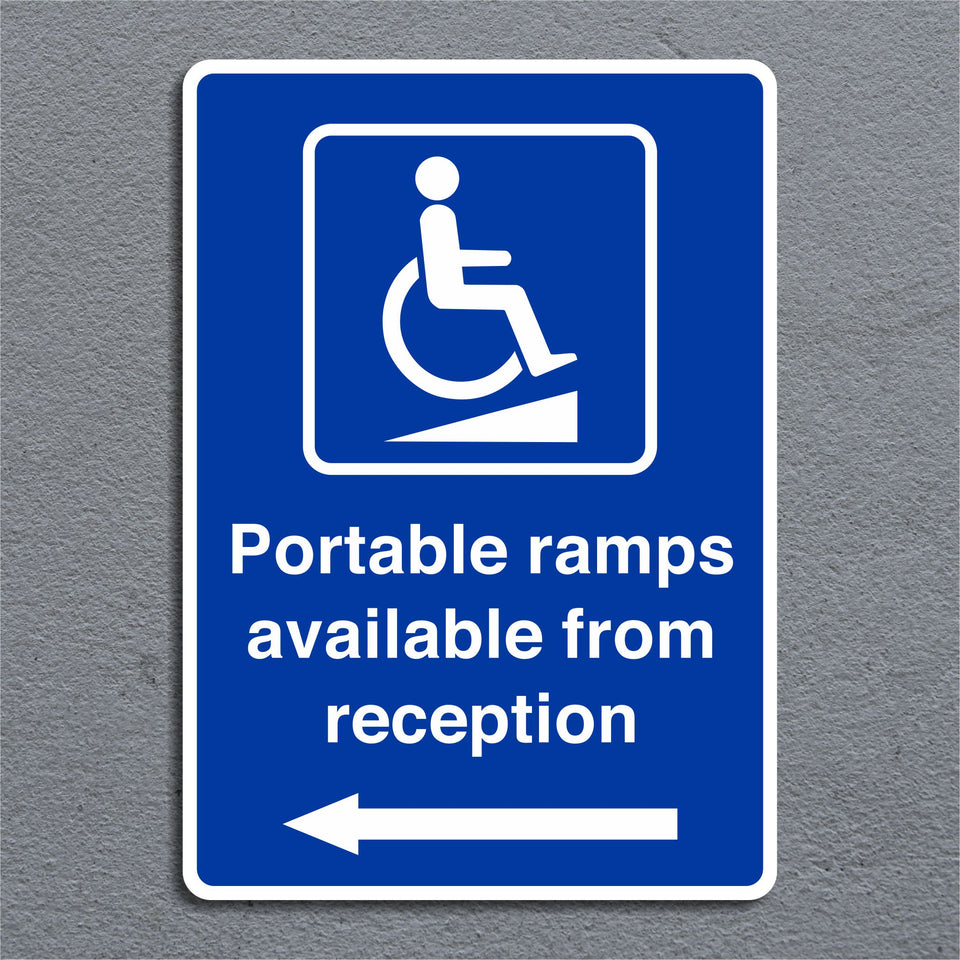 Stroller Ramp Sign Portable Ramps Available From Reception Sign with a Left Pointing Dire