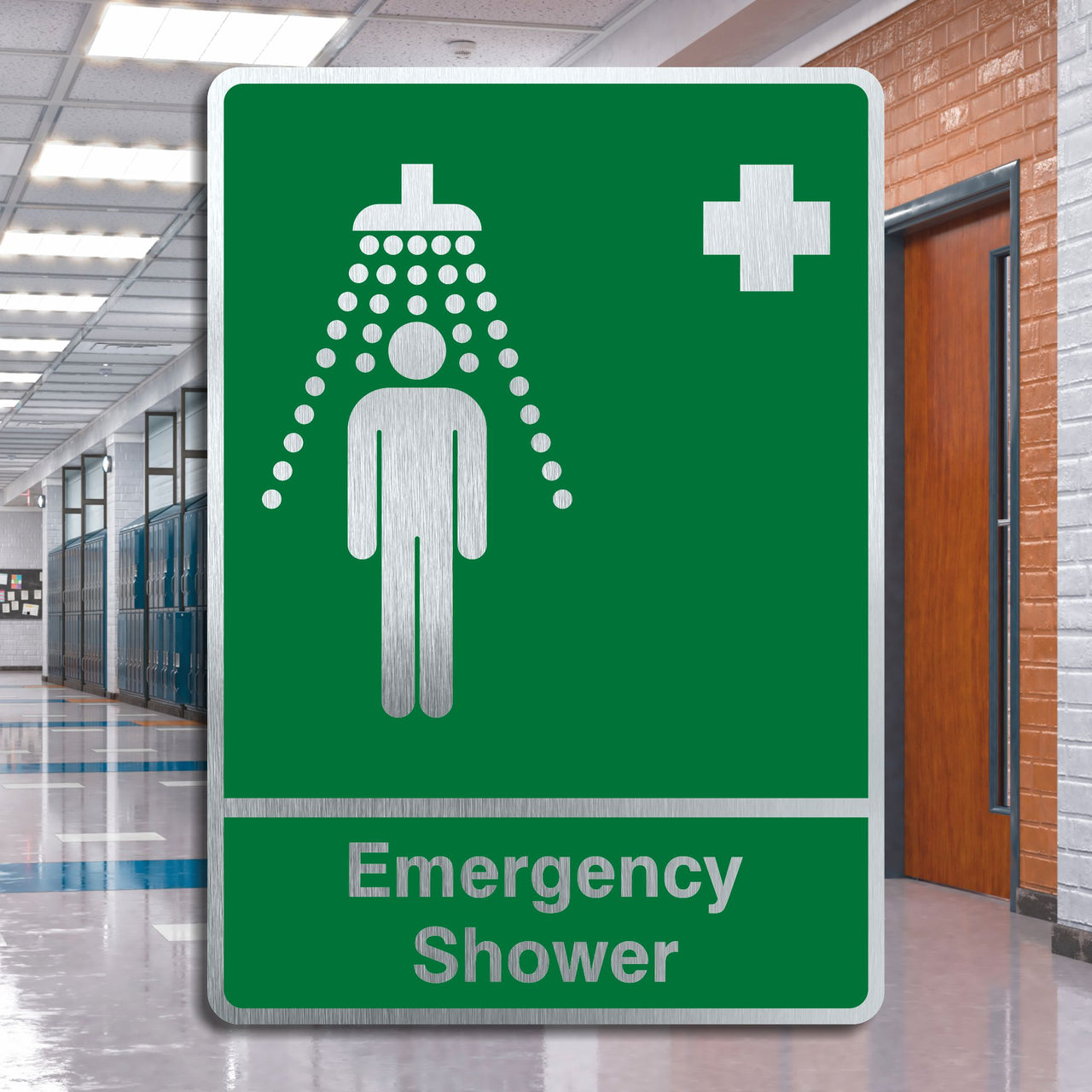 Brushed Aluminium Emergency Shower Sign