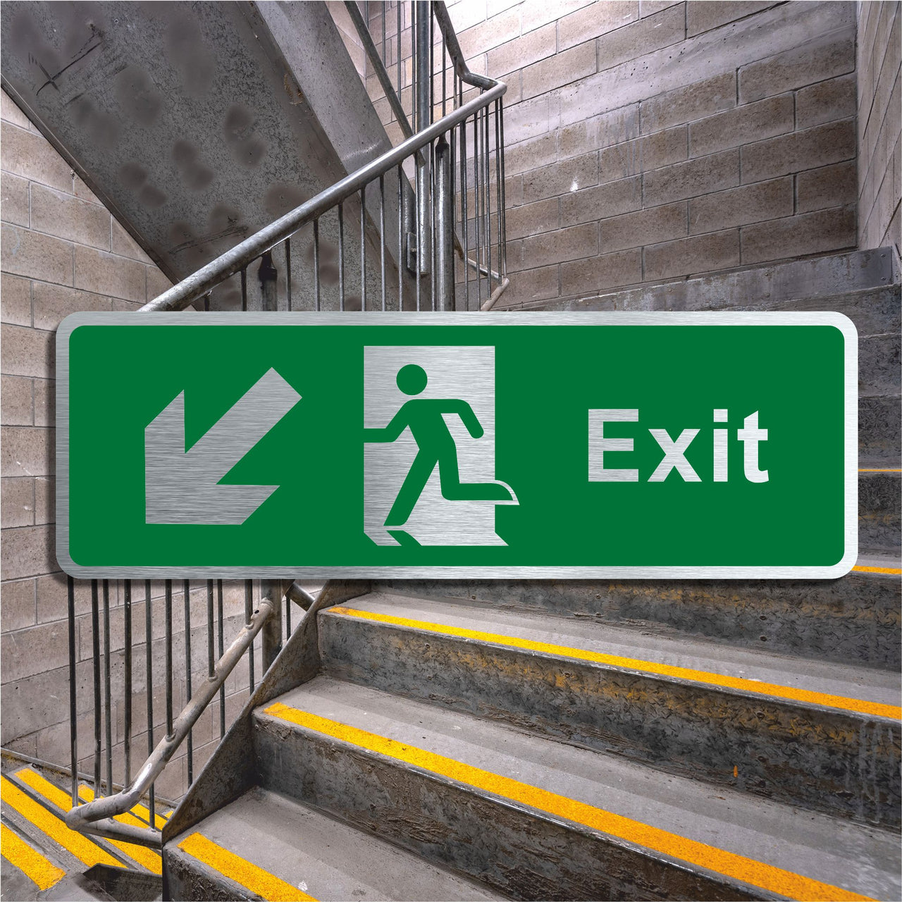 Brushed Aluminium Emergency Exit Sign with Bottom Left Arrow