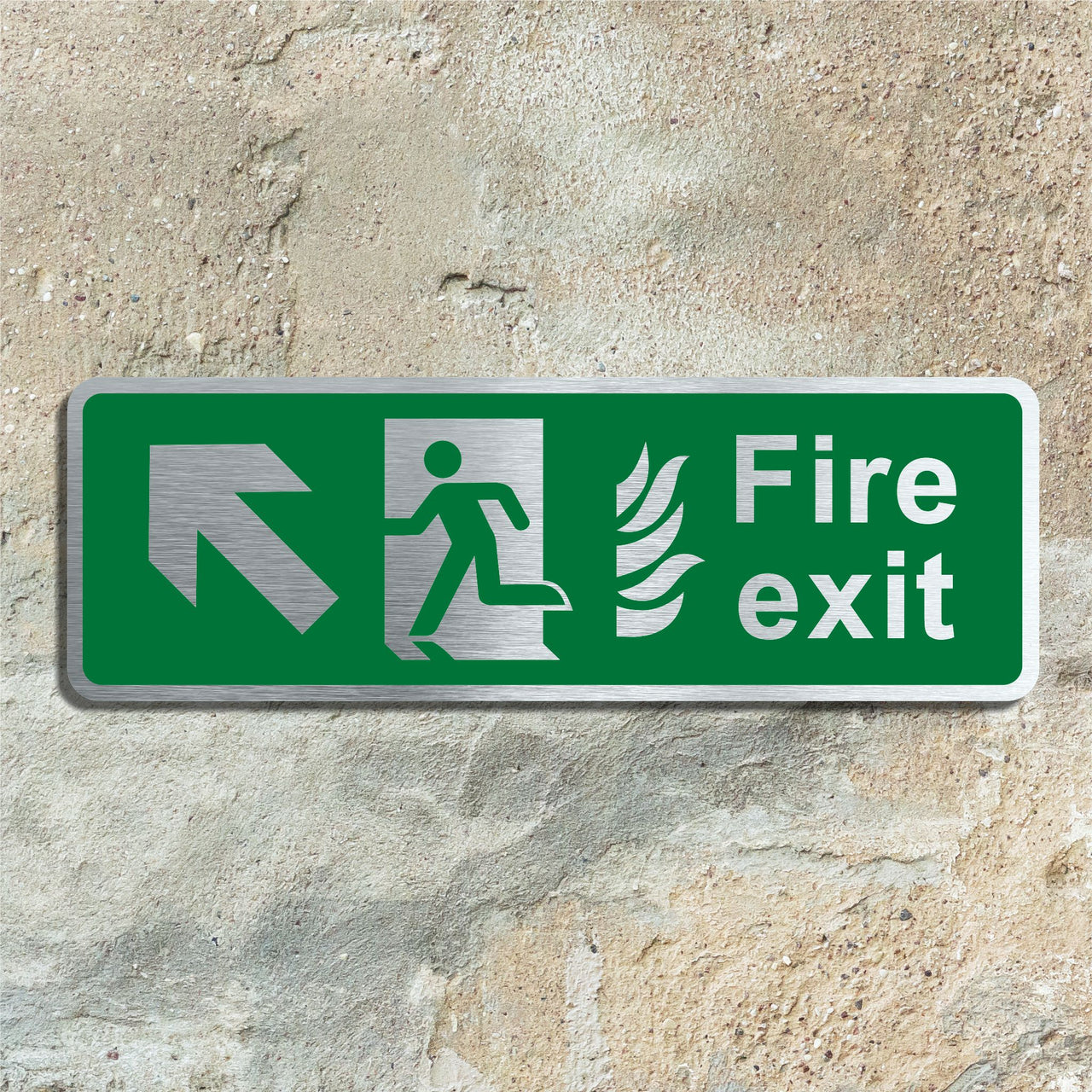 Brushed Silver Fire Exit Sign with Forward Left Arrow