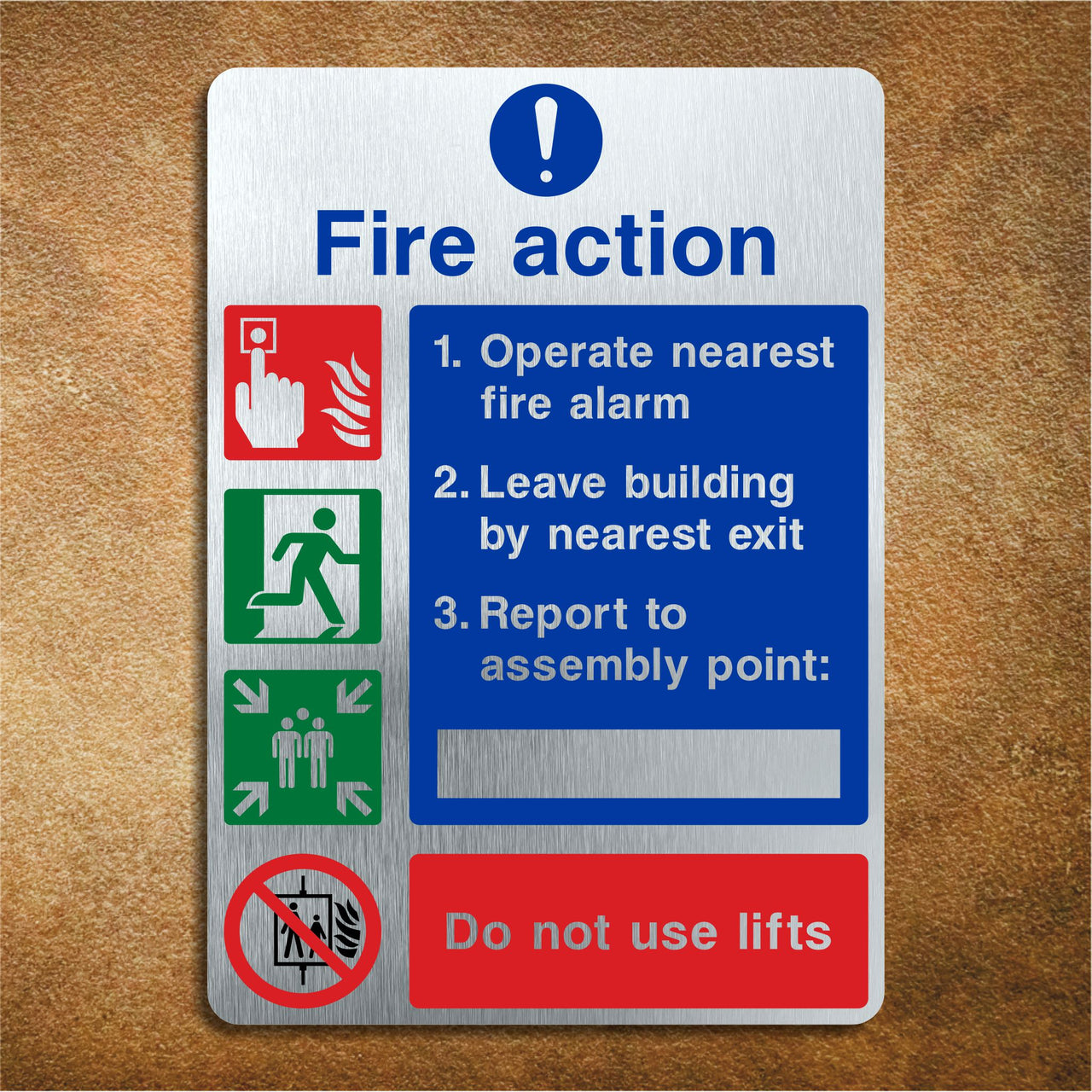Brushed Aluminium Fire Action Do Not Use Lifts Multimessage Sign