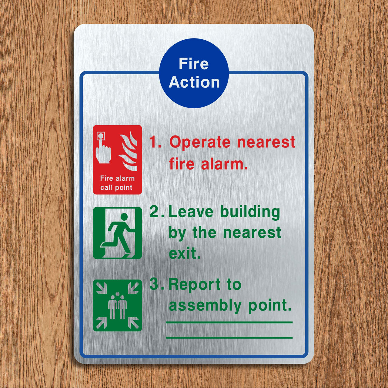 Brushed Aluminium Fire Action Operate Nearest Fire Alarm Multimessage Sign