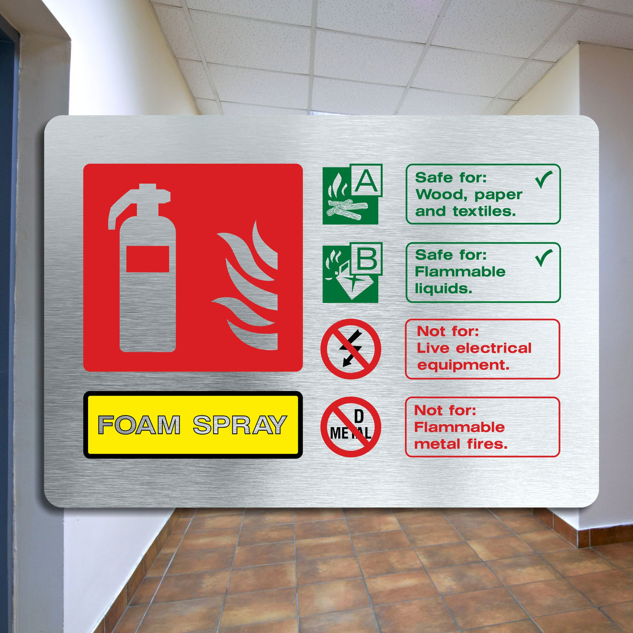 Brushed Aluminum Fire Extinguisher Sign - Foam Spray