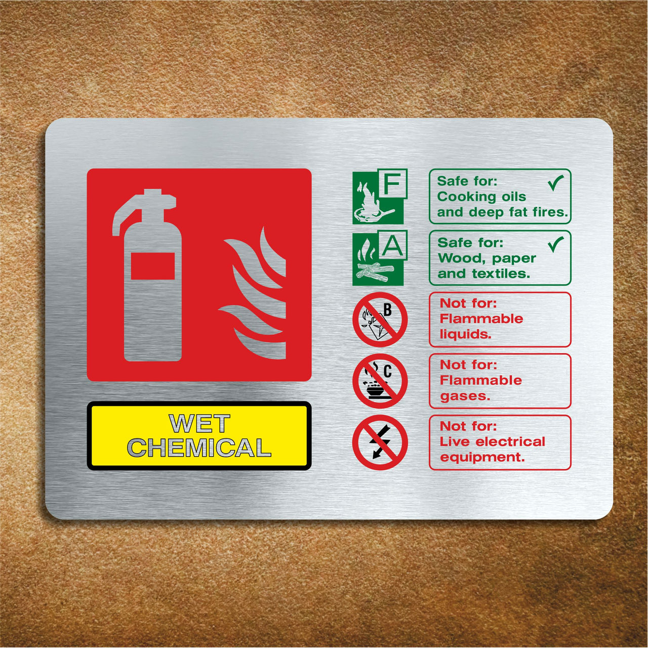 Brushed Aluminum Fire Extinguisher Sign - Wet Chemical