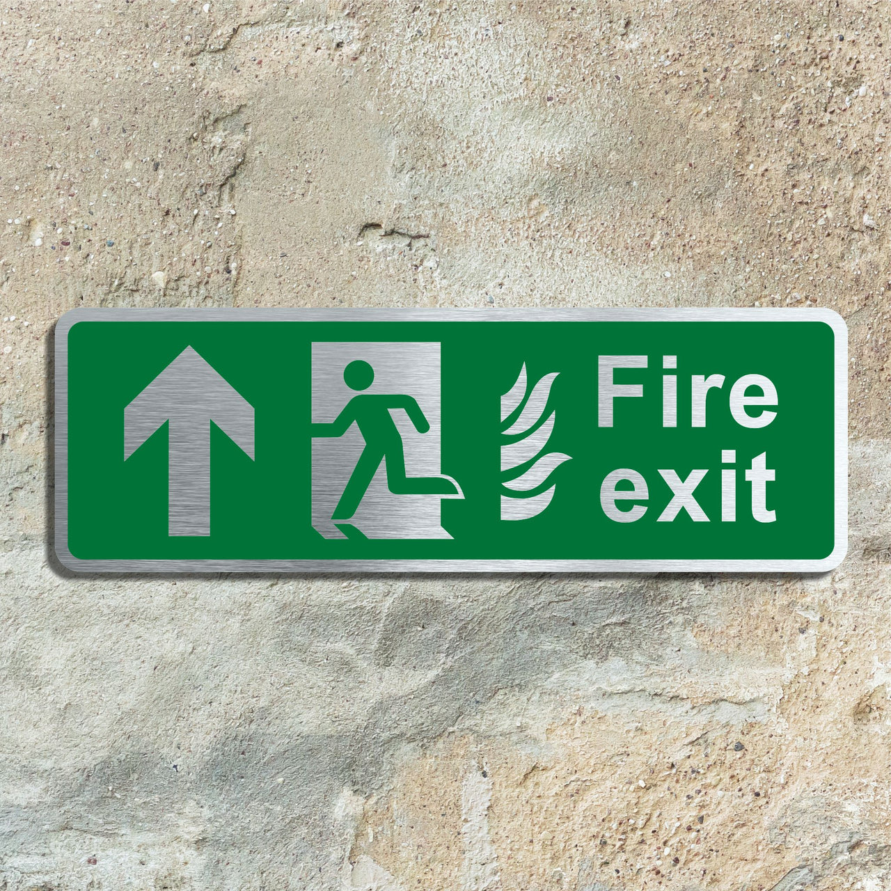 Brushed Silver Aluminium Fire Exit Sign with Straight Ahead Arrow