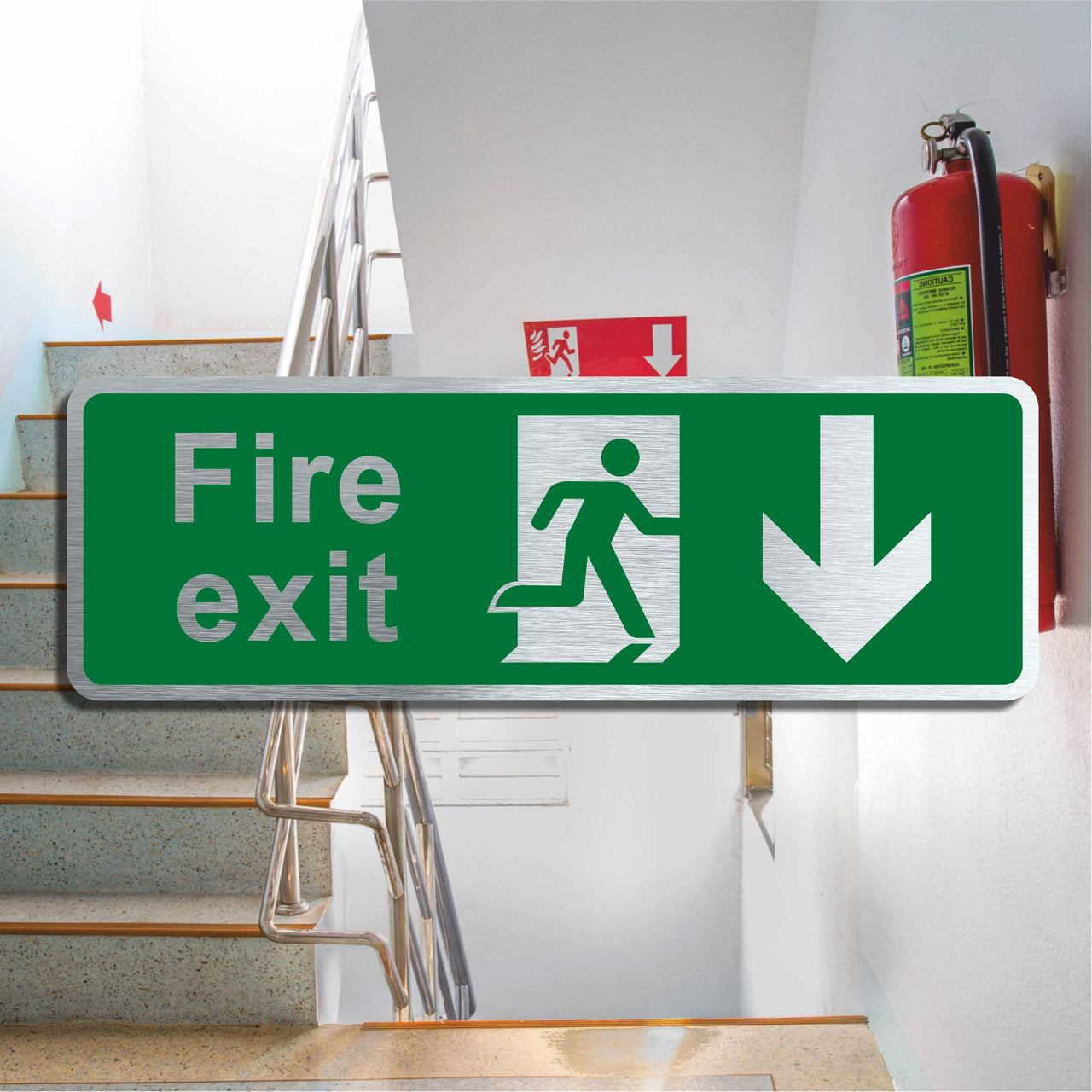 Brushed Aluminium Fire Exit Sign with Down Arrow