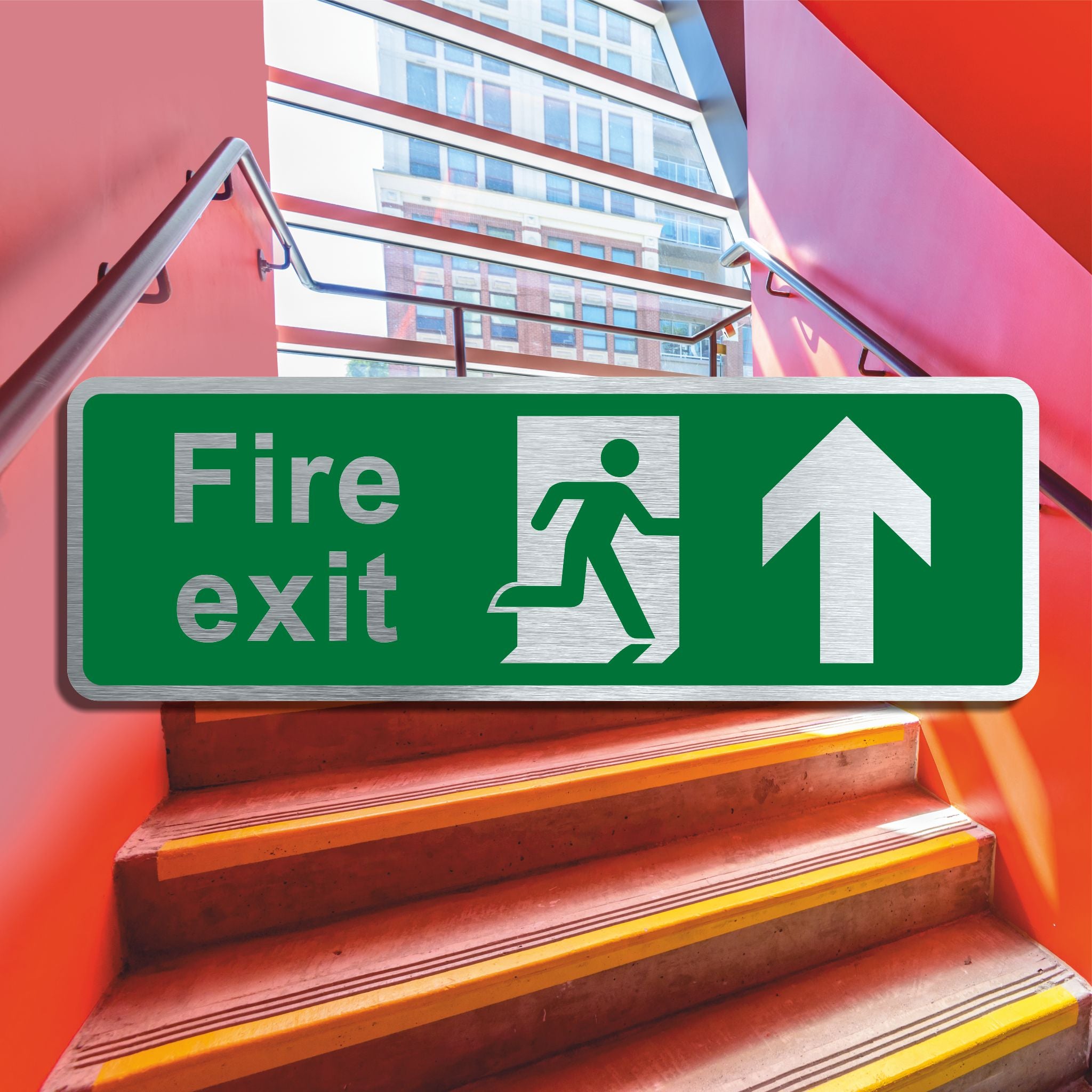 Brushed Aluminium Fire Exit Sign with Straight Ahead Arrow
