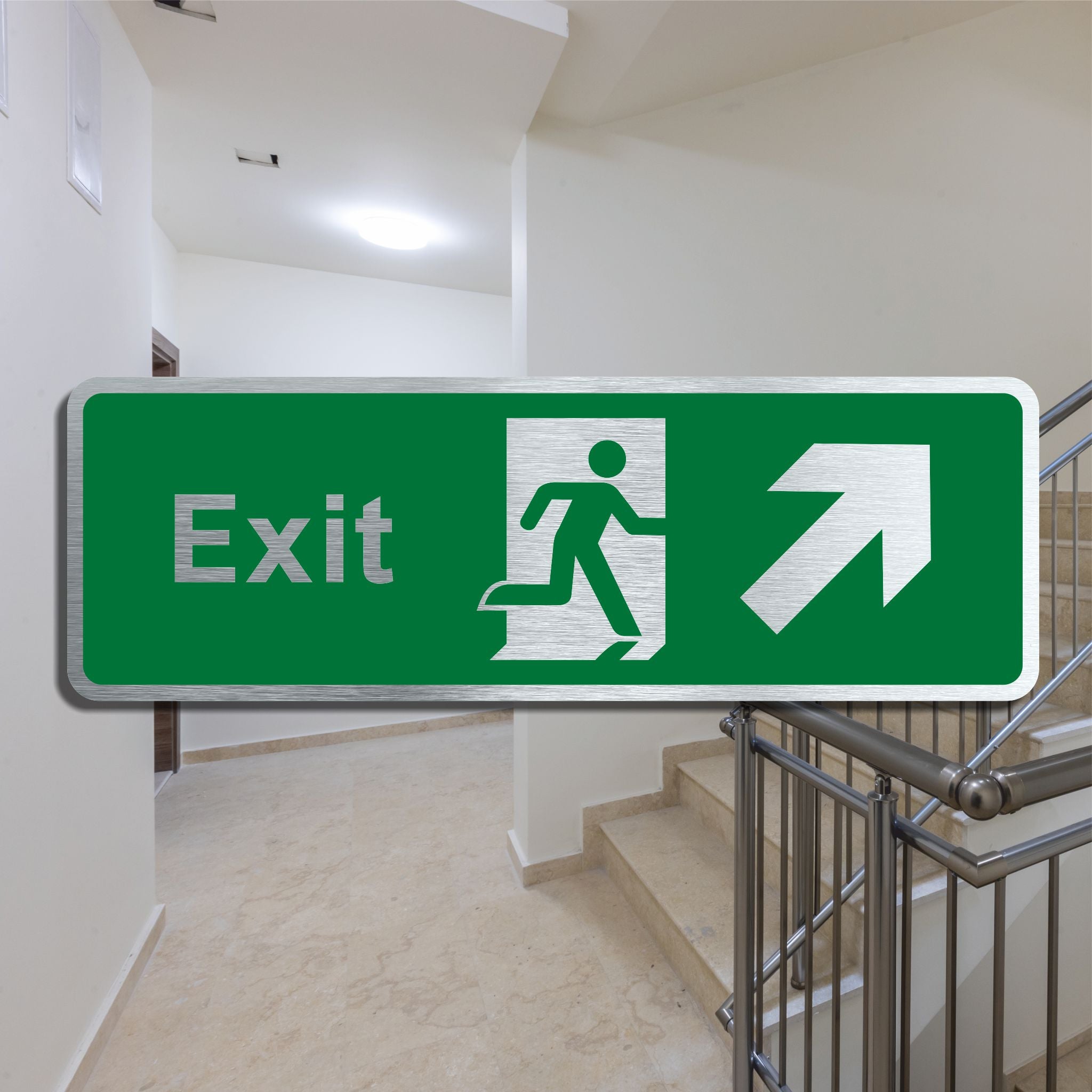 Brushed Aluminium Emergency Exit Sign with Forward Right Arrow
