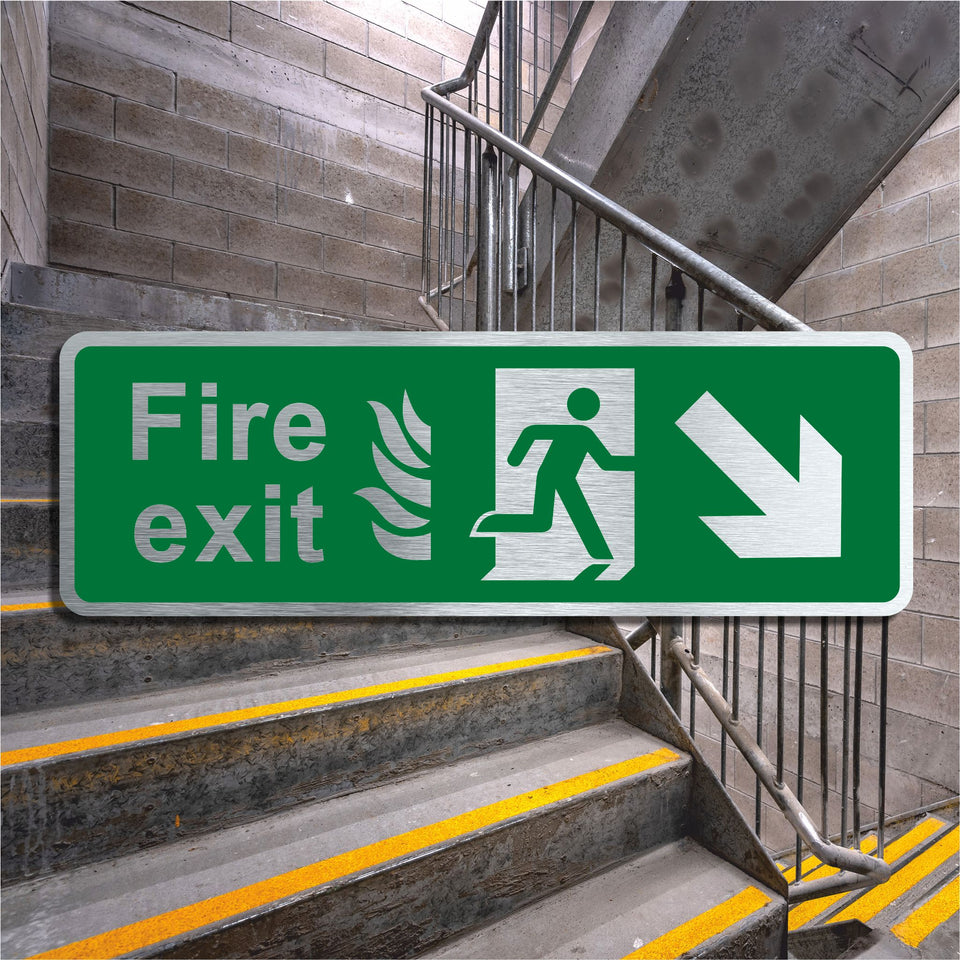 Brushed Silver Aluminium Fire Exit Sign with Bottom Right Arrow