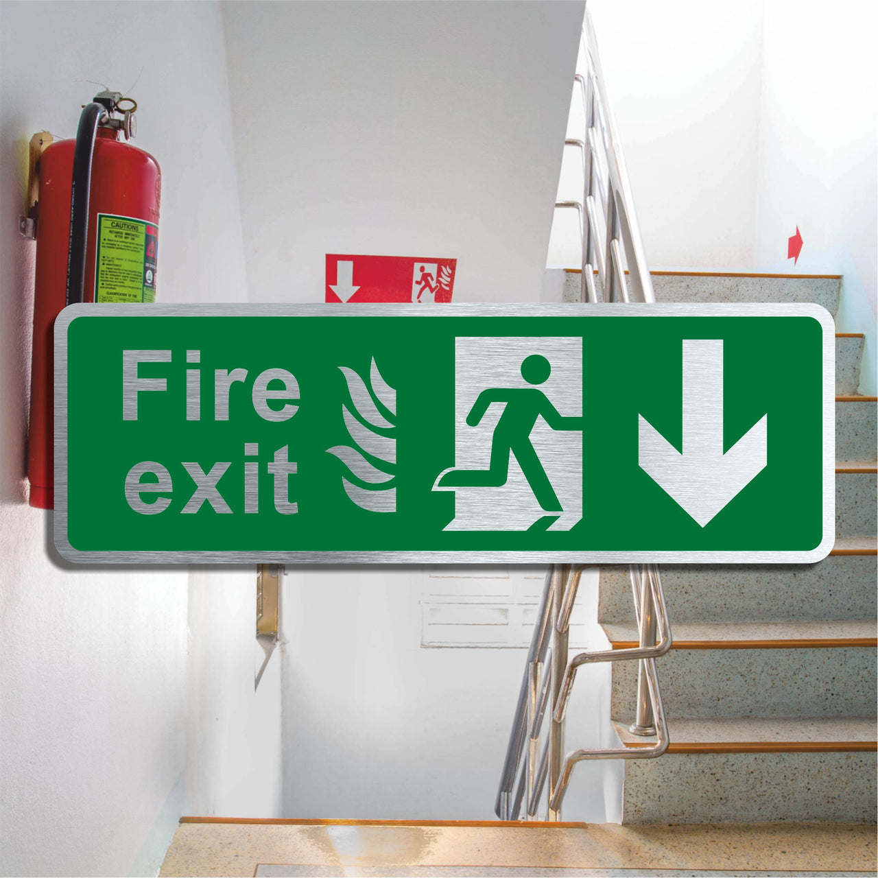 Brushed Silver Aluminium Fire Exit Sign with Down Arrow
