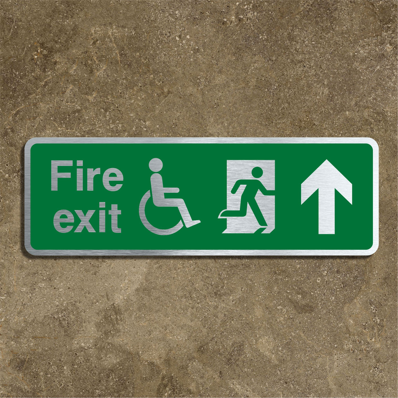 Brushed Silver Disabled Fire Exit Sign With Straight Ahead Arrow