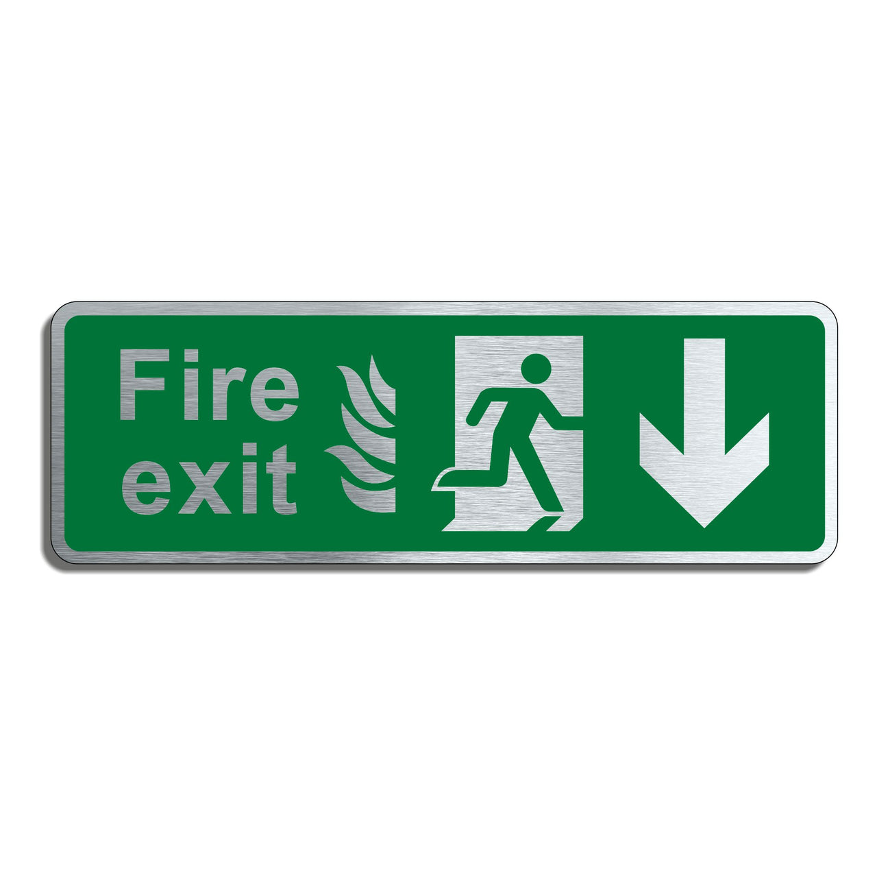 Brushed Silver Aluminium Fire Exit Sign with Down Arrow