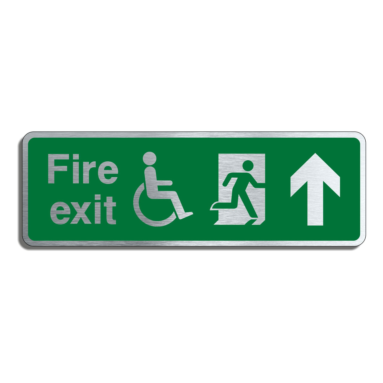 Brushed Silver Disabled Fire Exit Sign With Straight Ahead Arrow