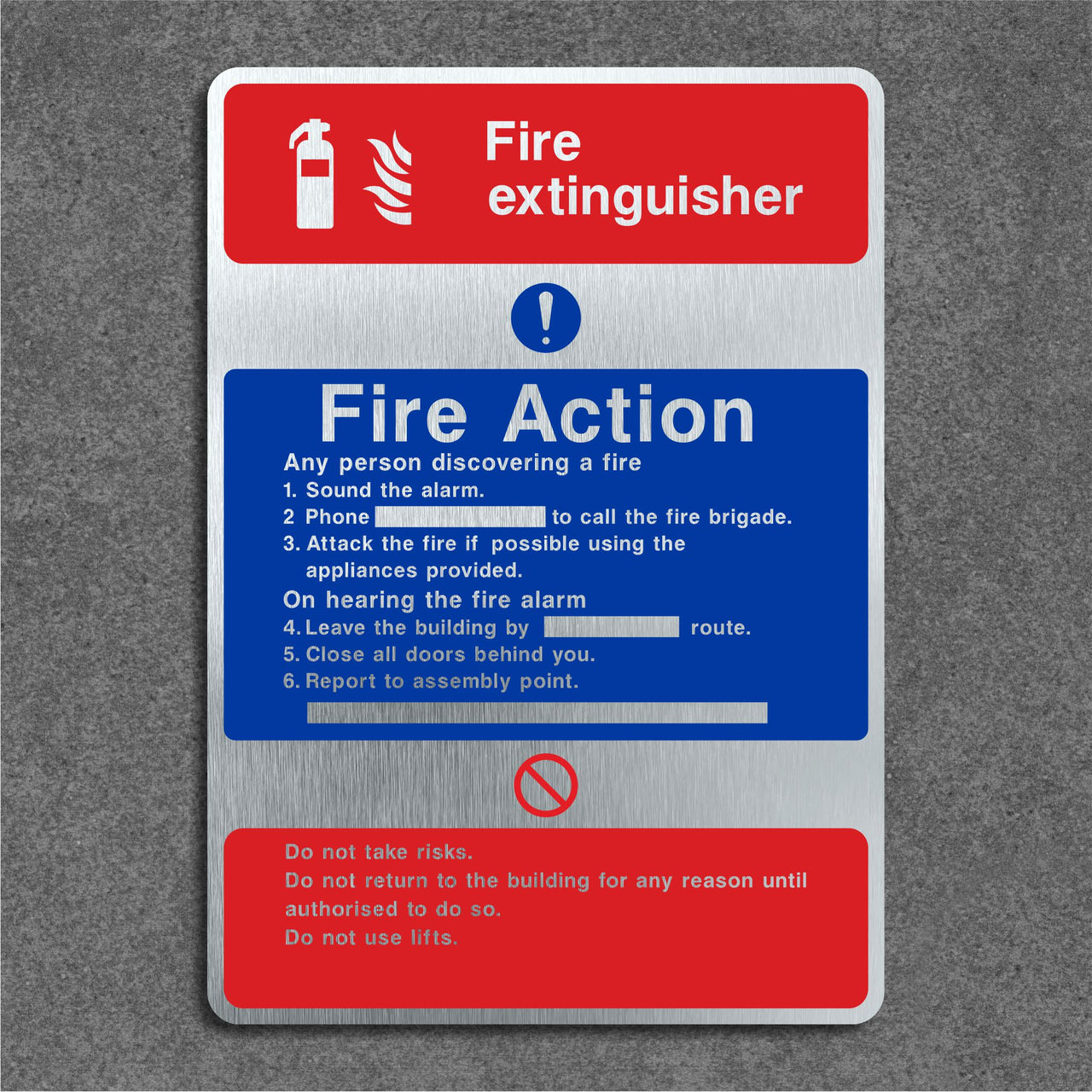 Brushed Aluminium Fire Extinguisher Fire Action Sign