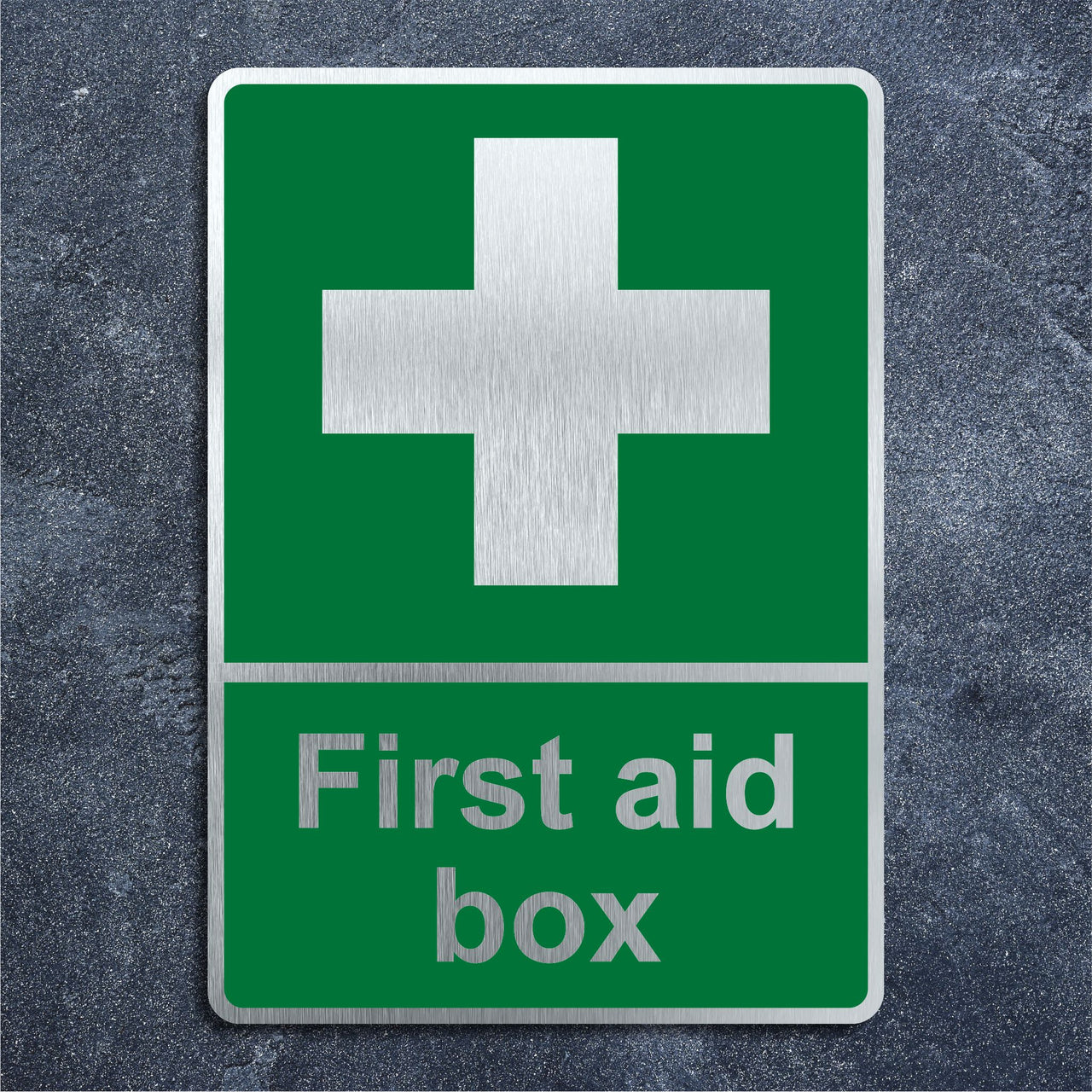 First Aid Box Sign in a Brushed Silver Aluminium Finish