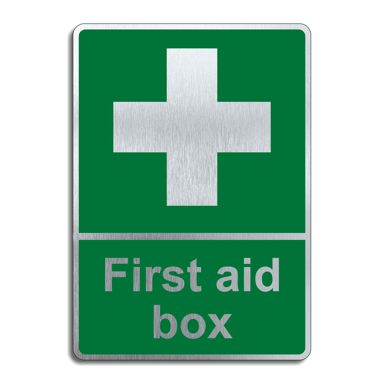 First Aid Box Sign in a Brushed Silver Aluminium Finish