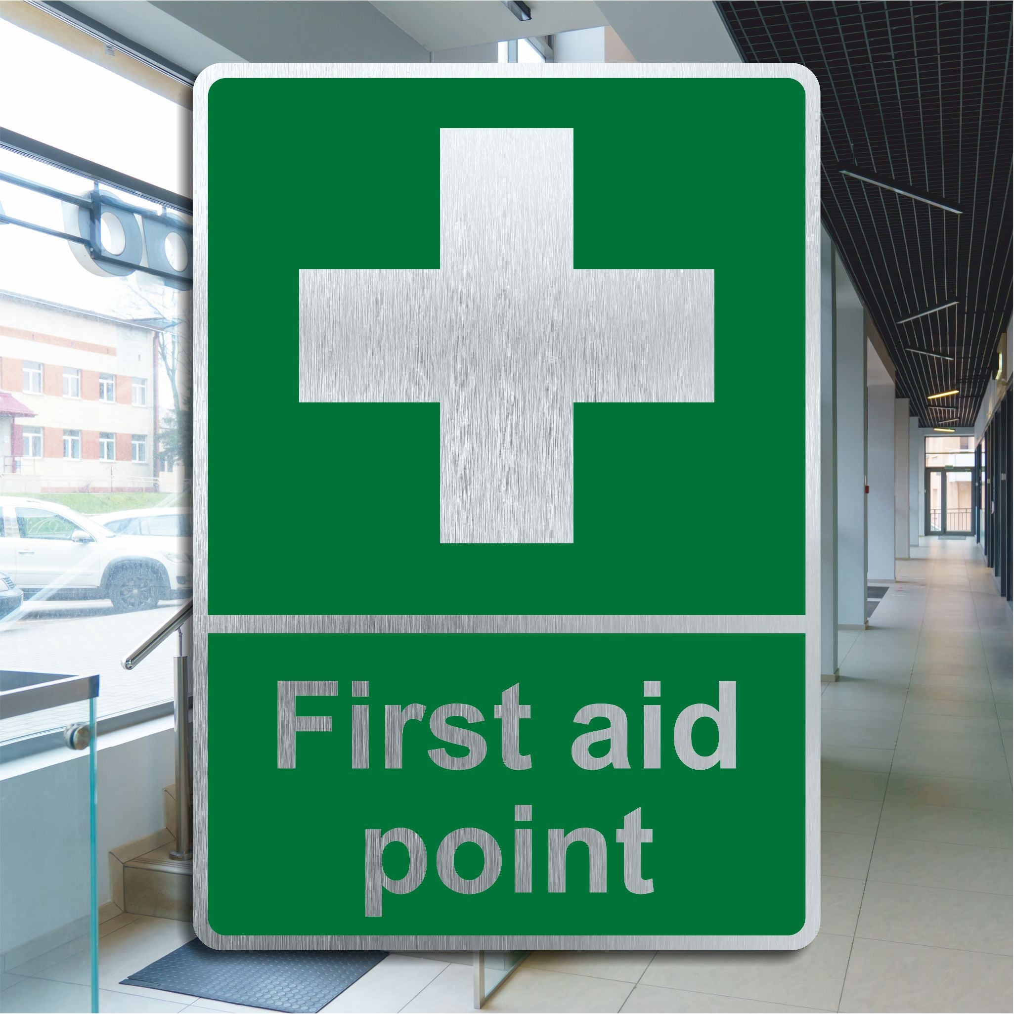 First Aid Rally Point Brushed Silver First Aid Point Sign