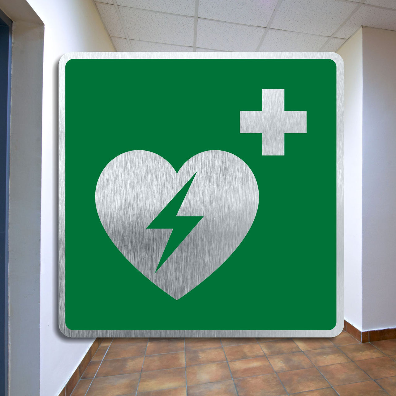 Brushed Aluminium AED Emergency Defibrillator Heart Icon Sign