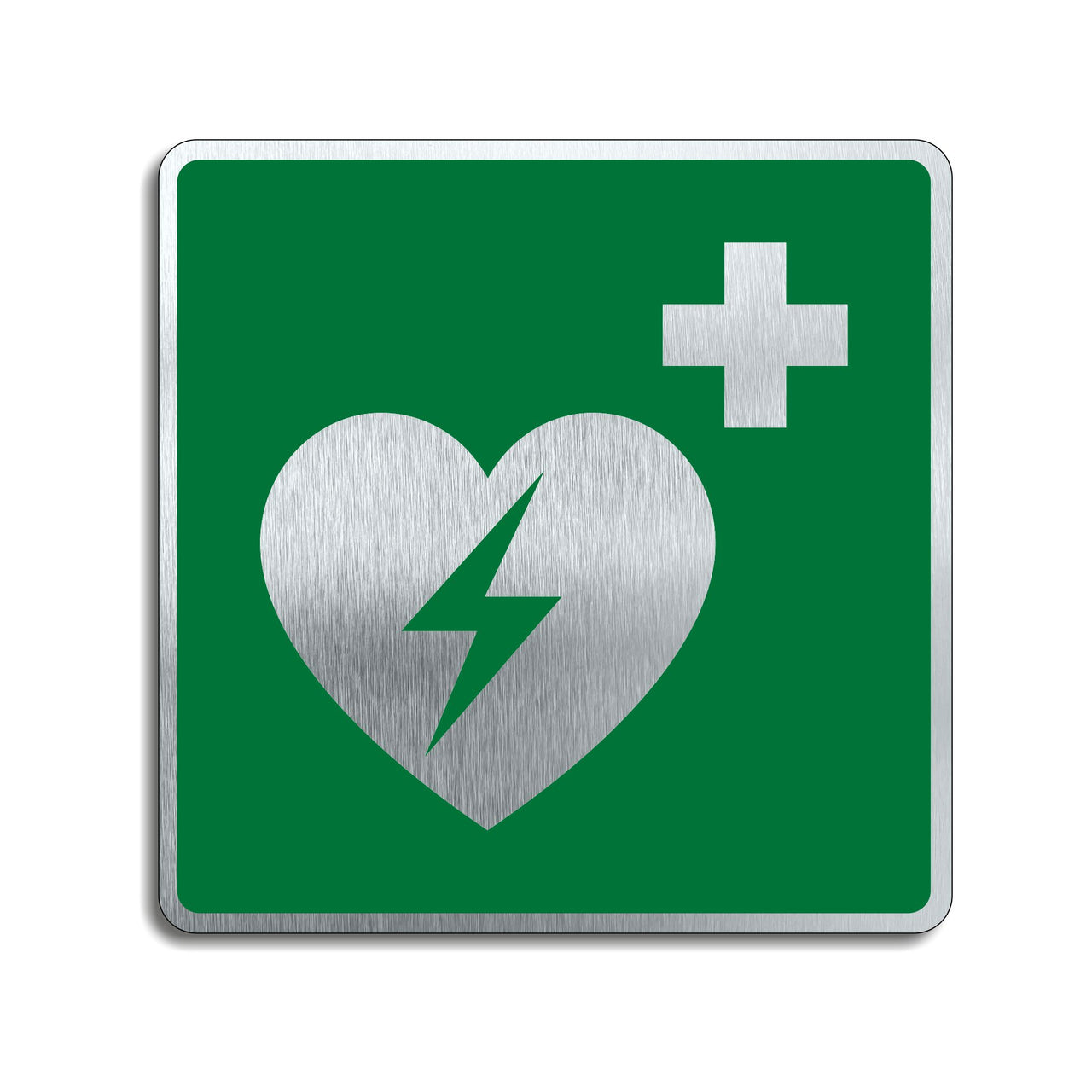 Brushed Aluminium AED Emergency Defibrillator Heart Icon Sign