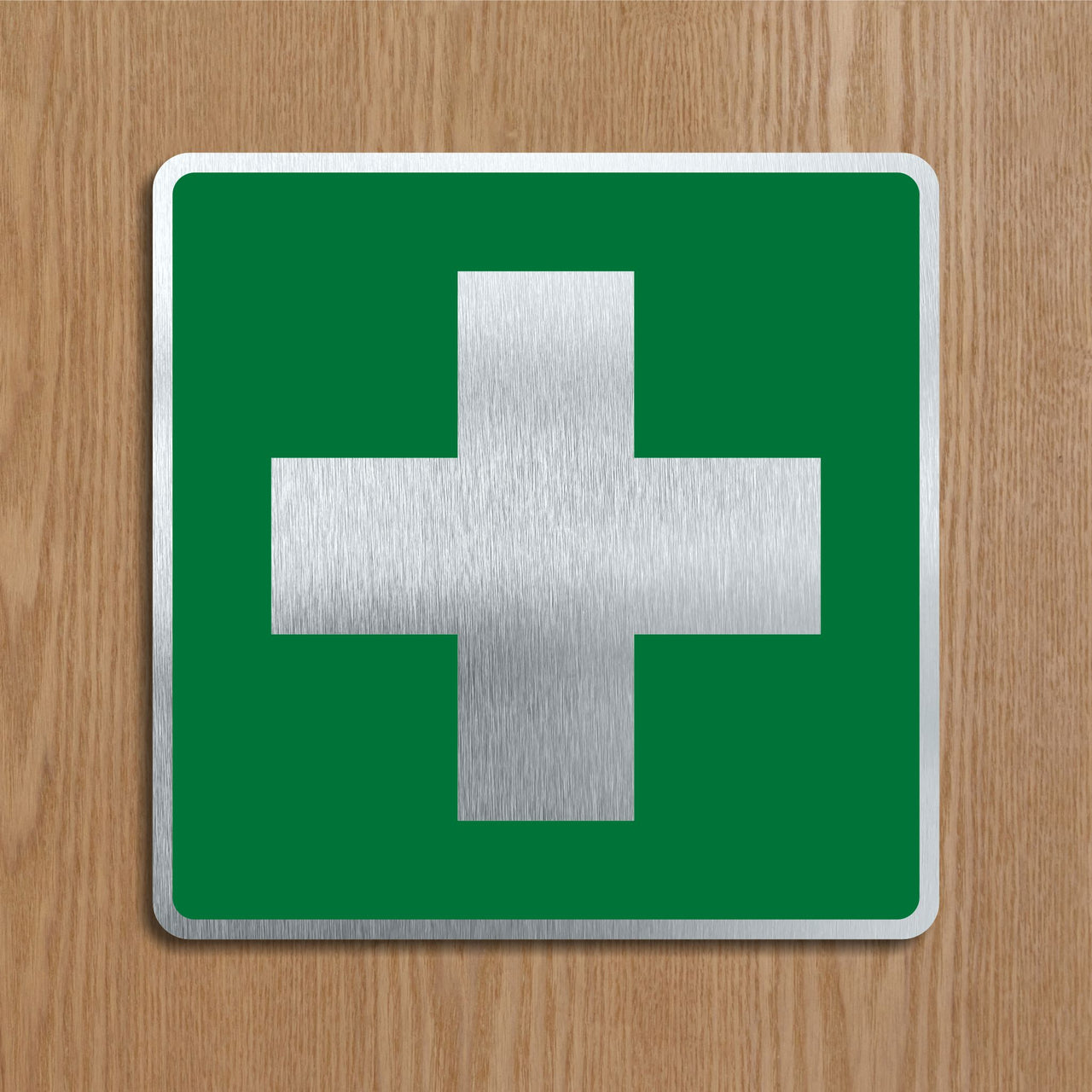 Square Brushed Aluminium First Aid Symbol Sign
