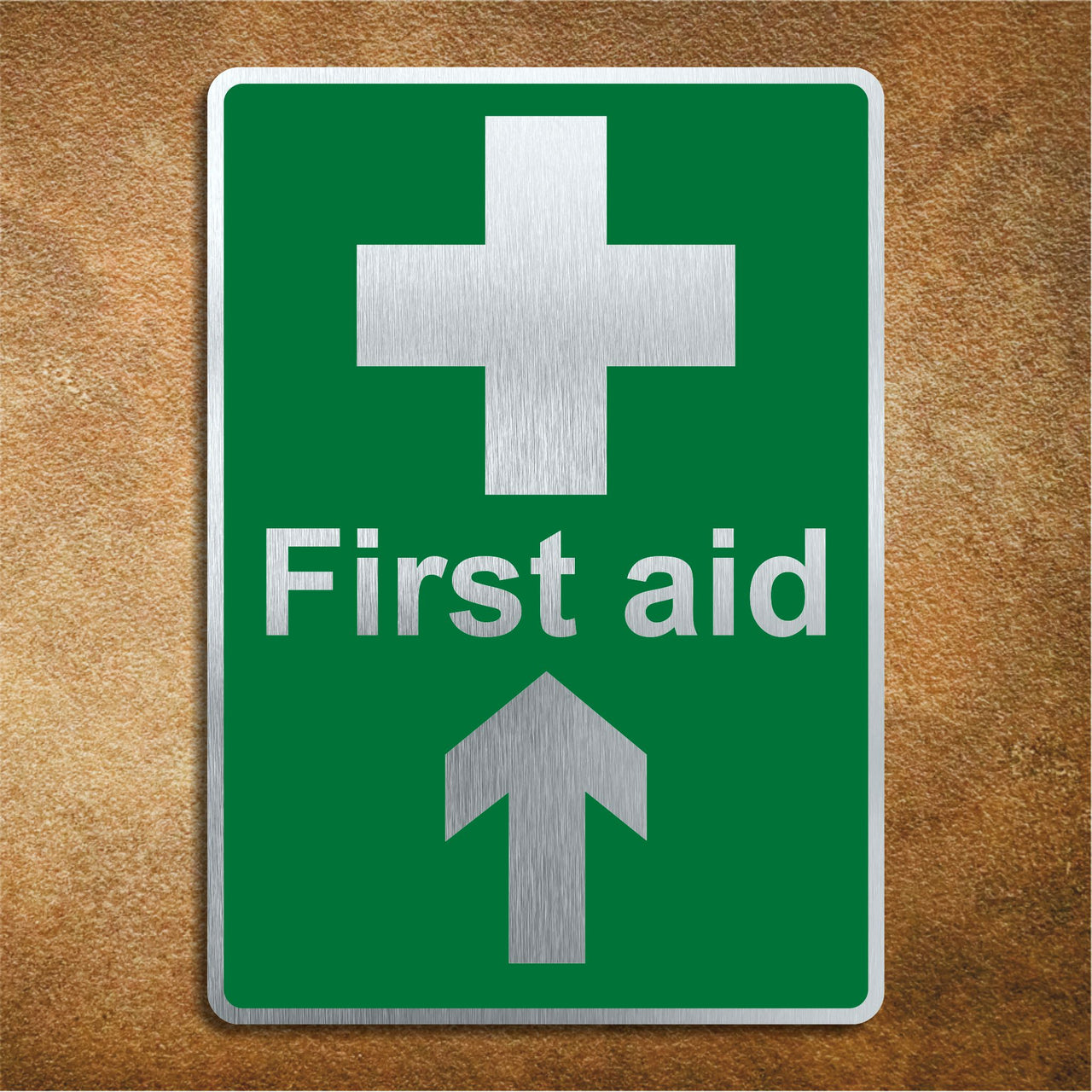 Brushed Silver Aluminium First Aid Sign with a Forward Directional Arrow