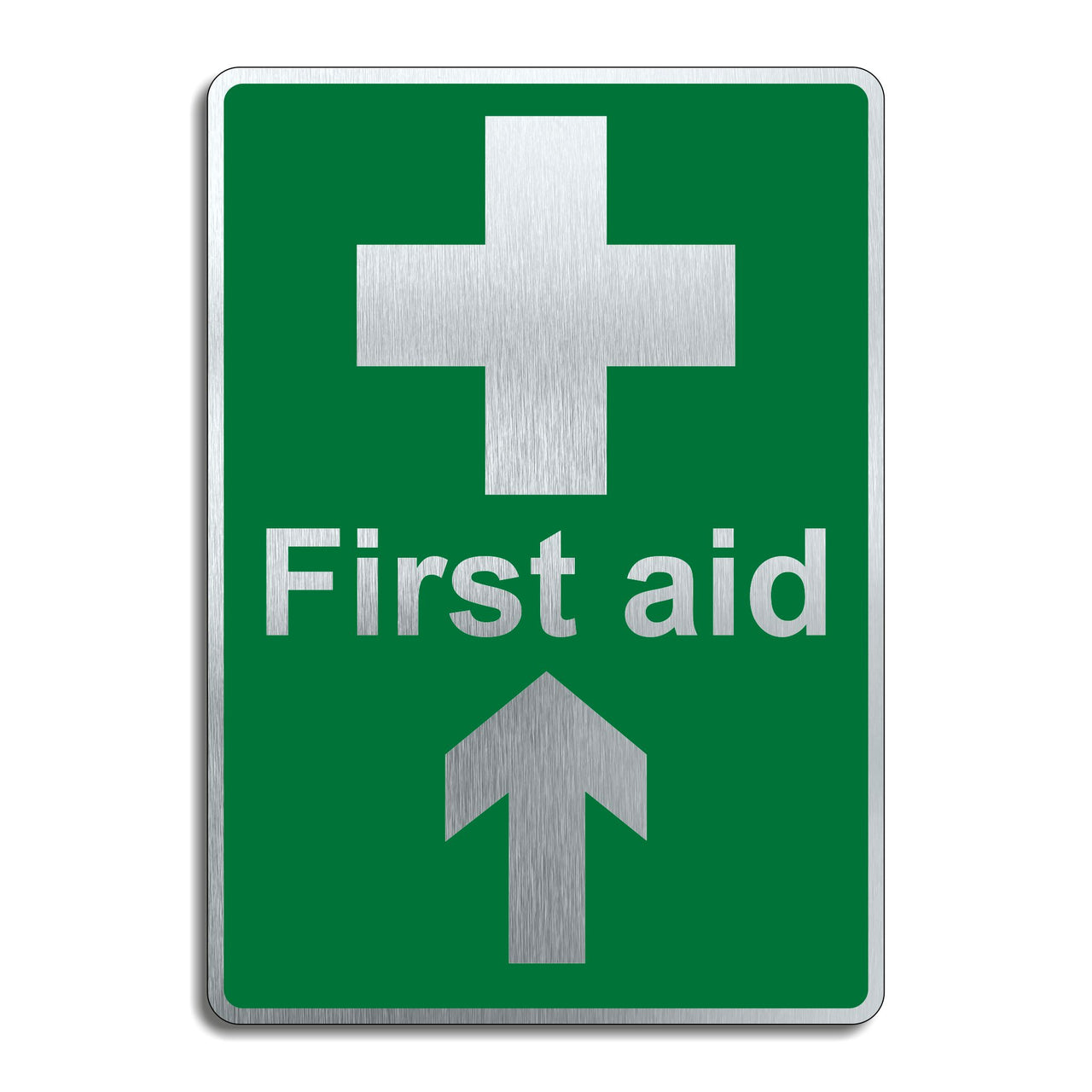 Brushed Silver Aluminium First Aid Sign with a Forward Directional Arrow
