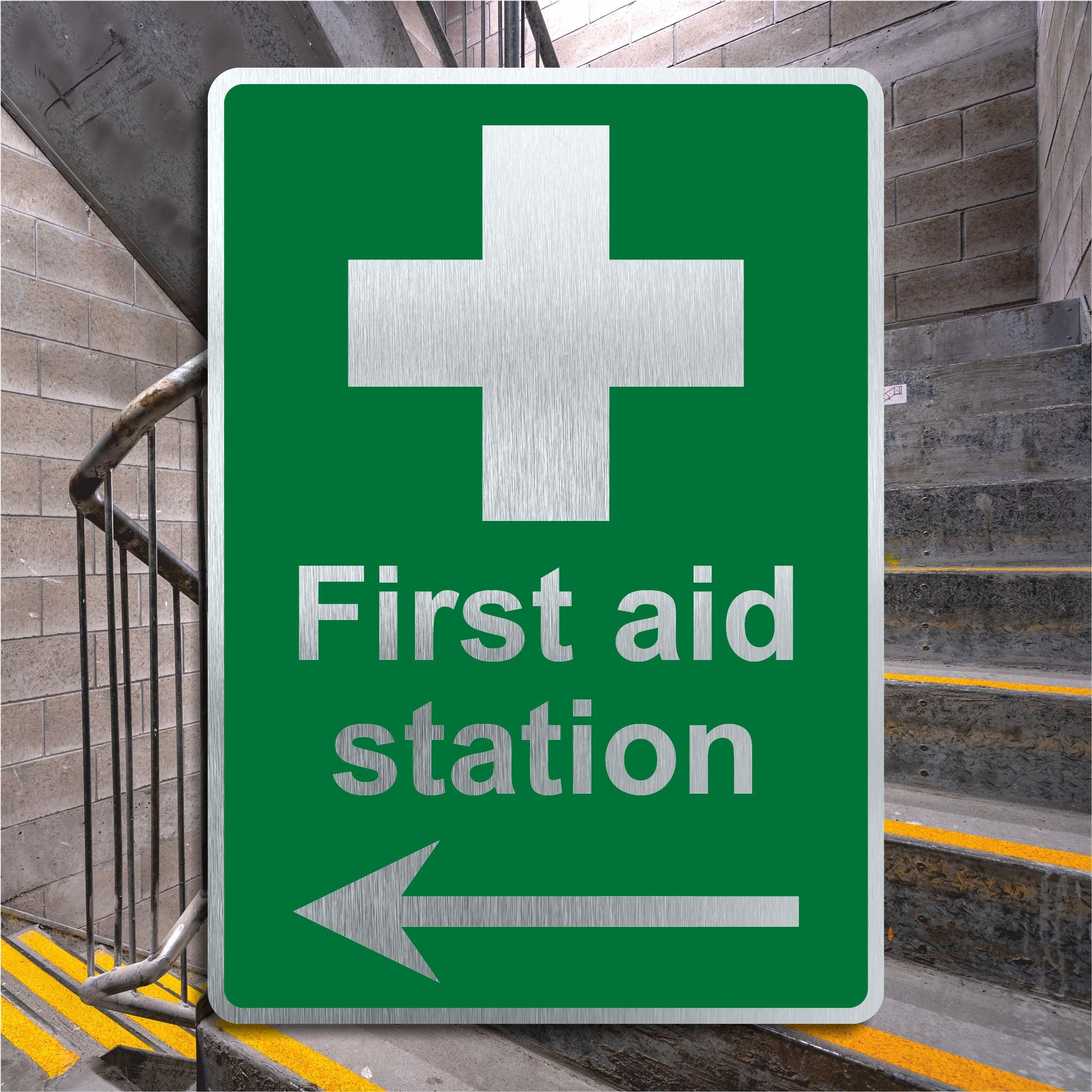 Brushed Silver First Aid Station Left Arrow Sign