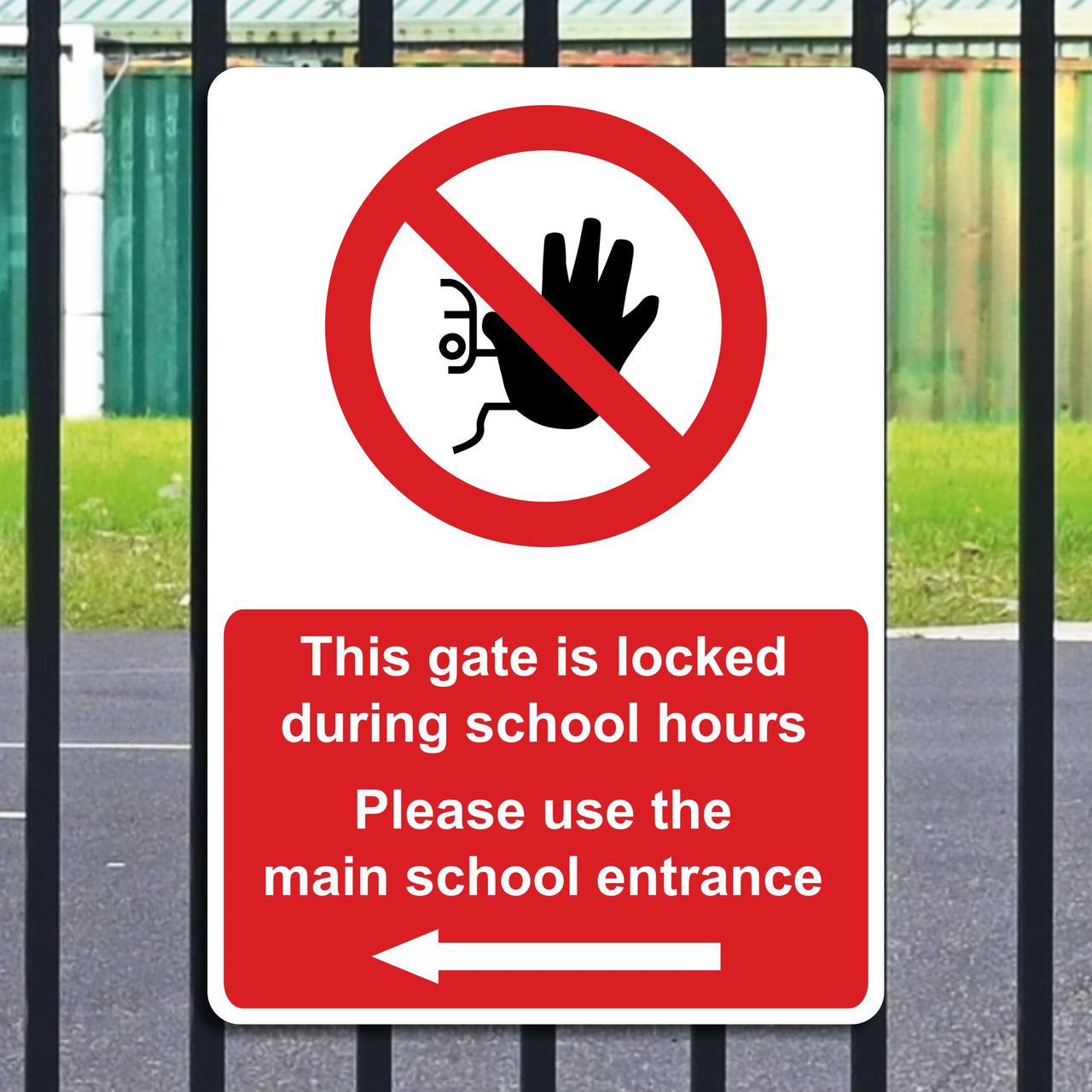 This Gate Is Locked During School Hours Please Use The Main School Entrance Sign
