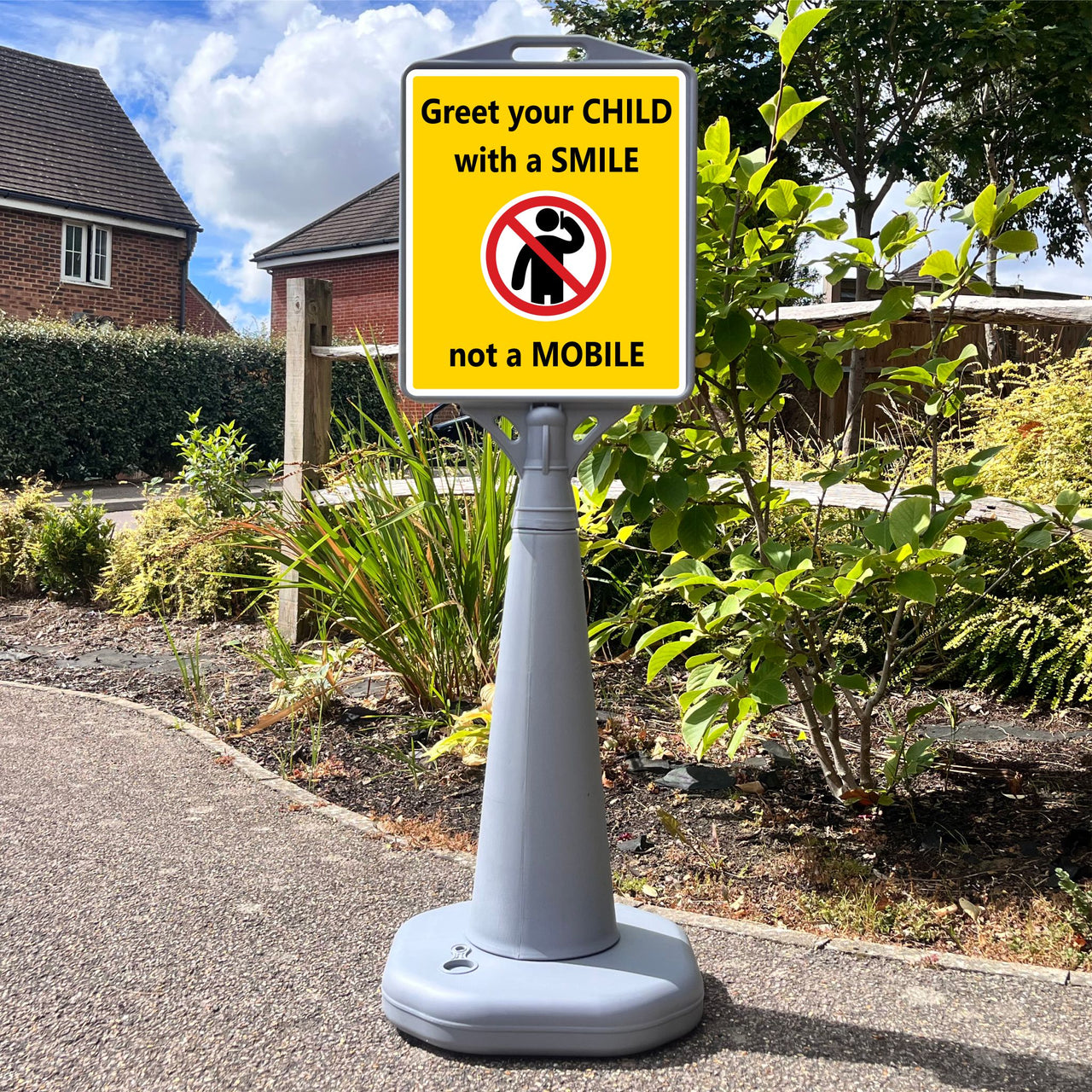 Greet your Child with a Smile Not a Mobile Freestanding School Sign