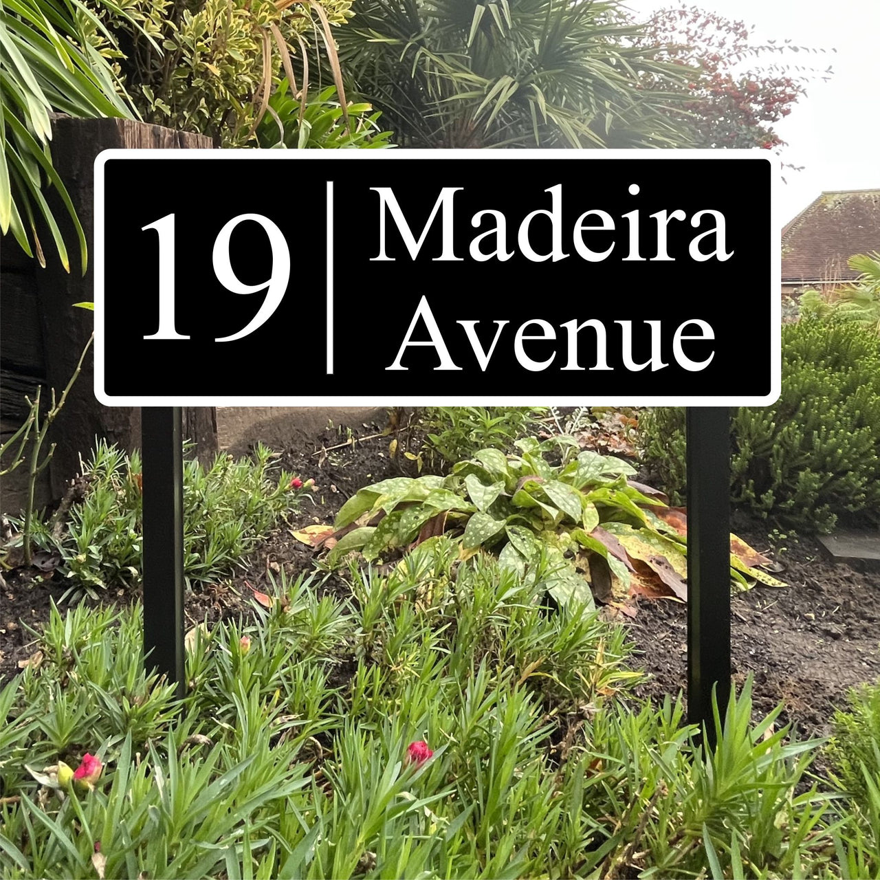 Personalised Reflective House Number & Road Name Sign on Low Level Aluminium Stakes