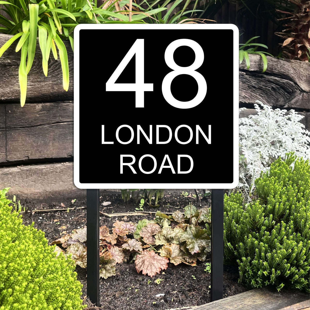 Personalised House Number & Name Sign on Low Level Aluminium Stake/s