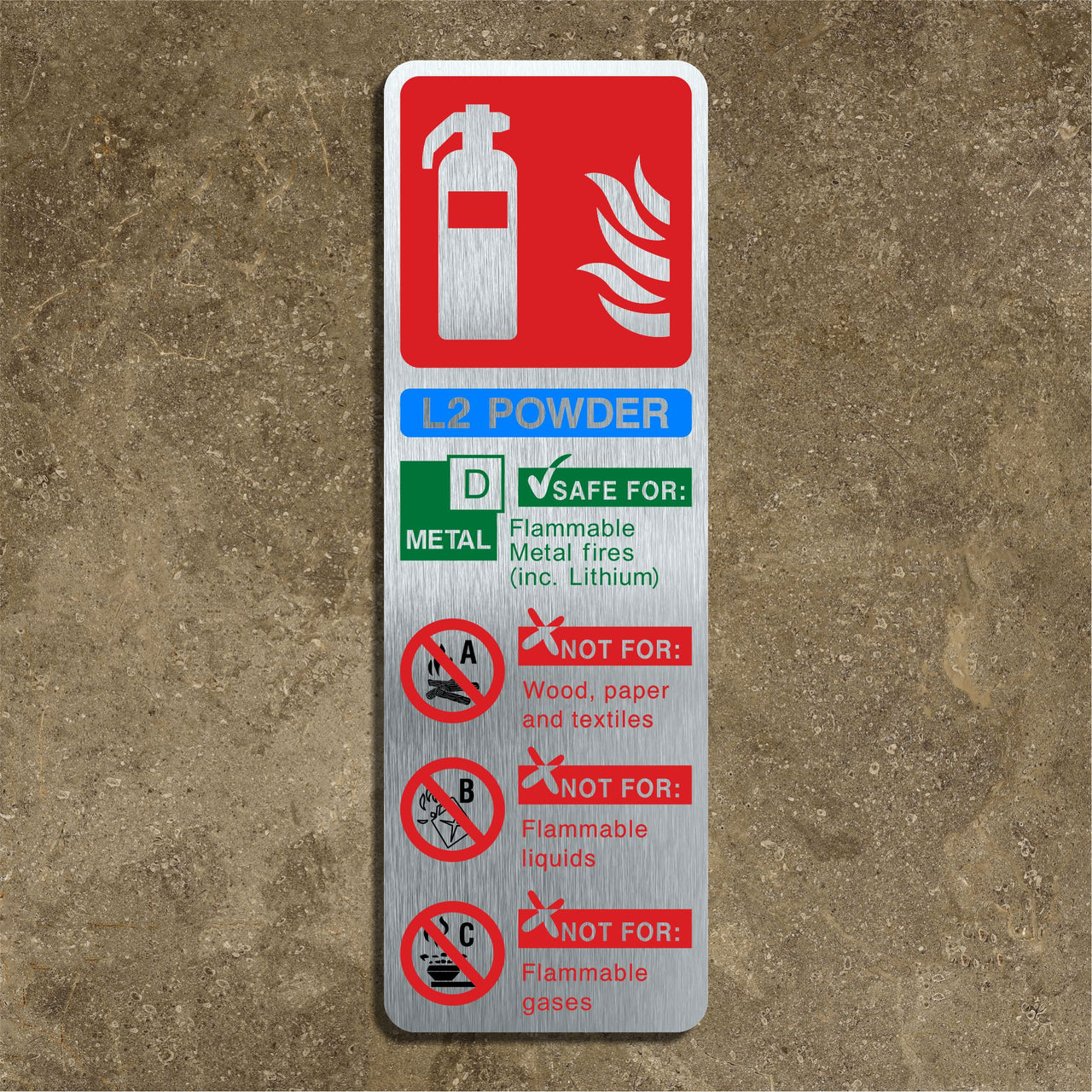 L2 Powder Fire Extinguisher in a Brushed Aluminium Finish