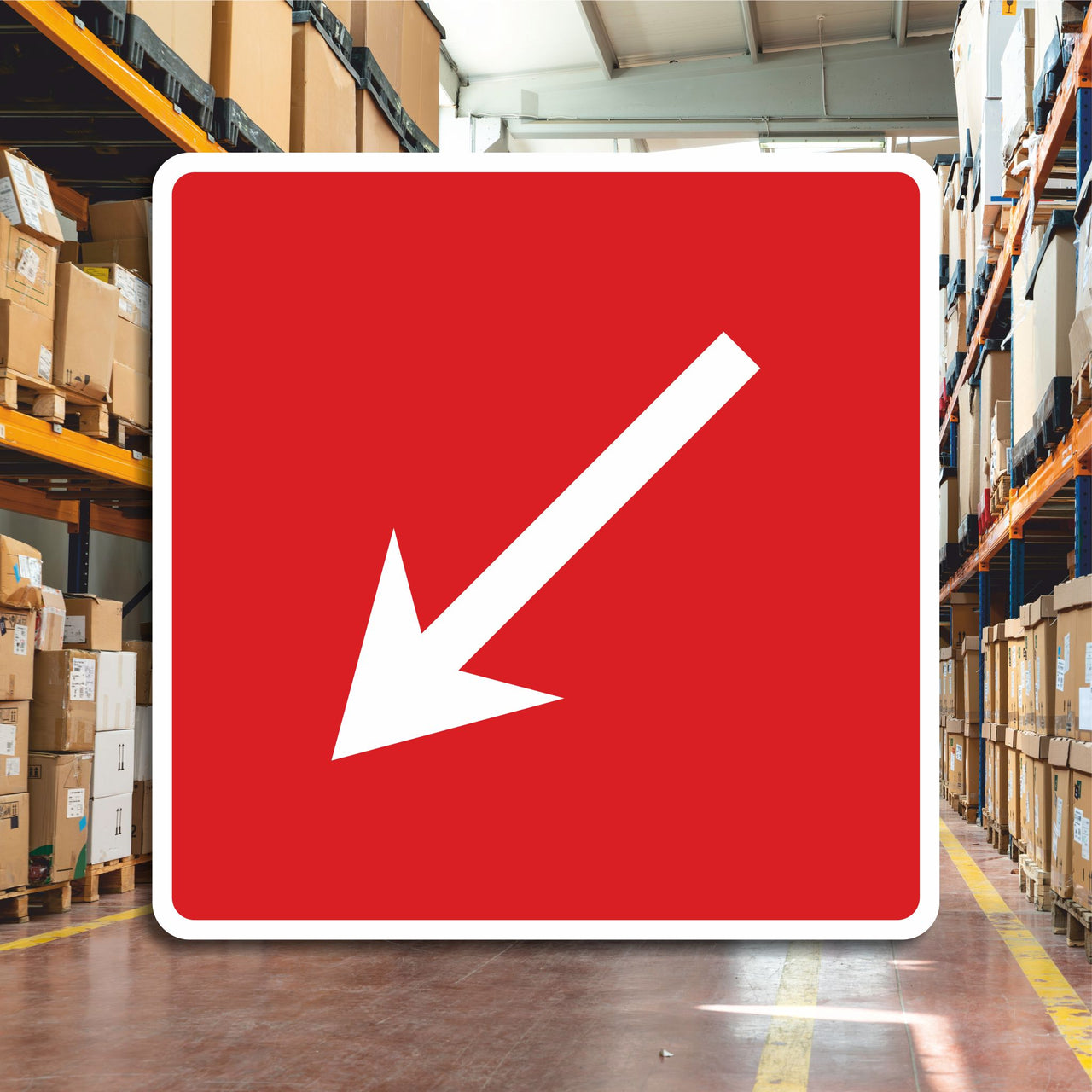 Emergency Directional Sign with Downward and Left Pointing Arrow