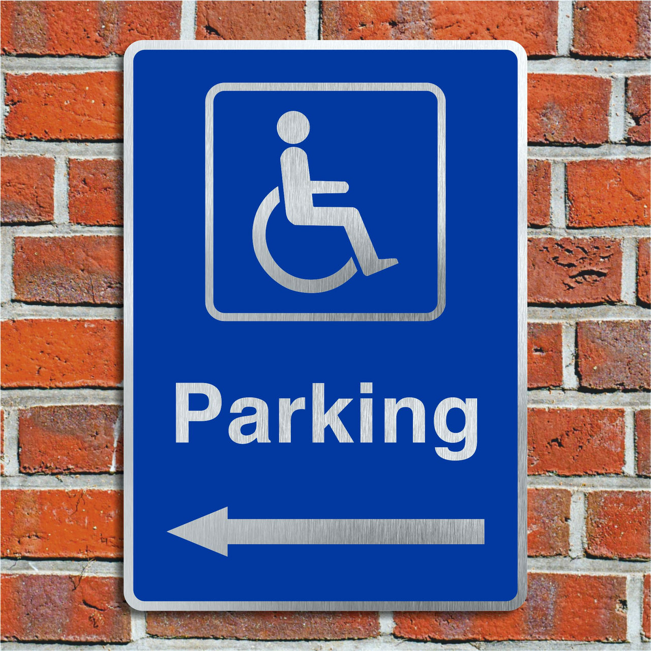 Disabled Parking Sign with a Left Pointing Directional ArrowBrushed Silver Aluminum Finish