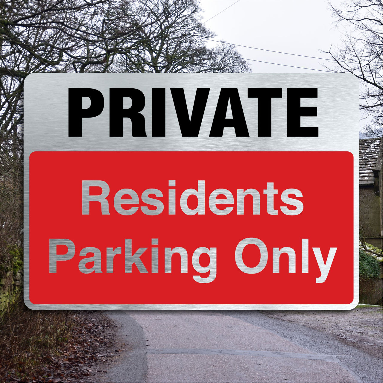 Private Residents Parking Sign with a Brushed Aluminium Finish