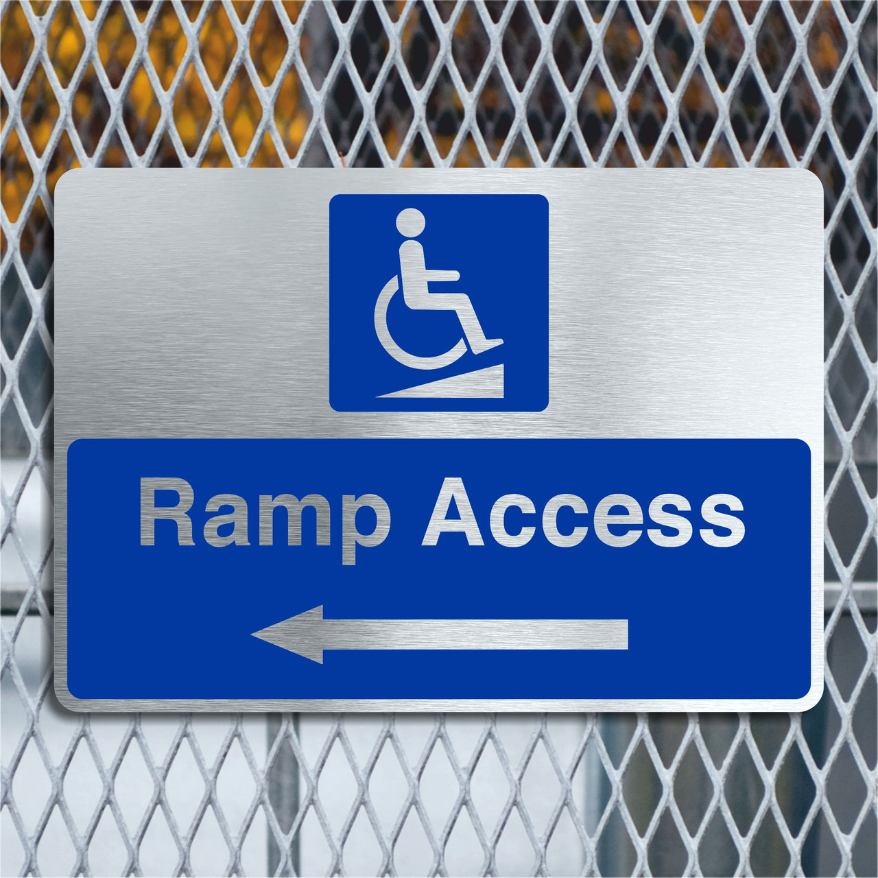 Brushed Aluminum Ramp Access Sign with a Left Pointing Directional Arrow