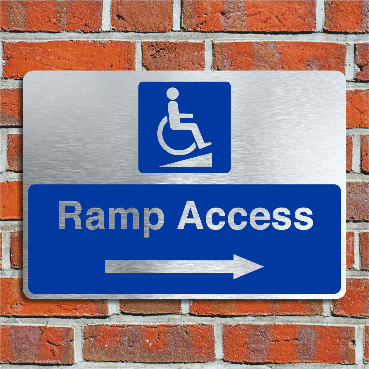 Ramp Access Sign with a Right Pointing Directional Arrow Brushed Silver Aluminium Finish